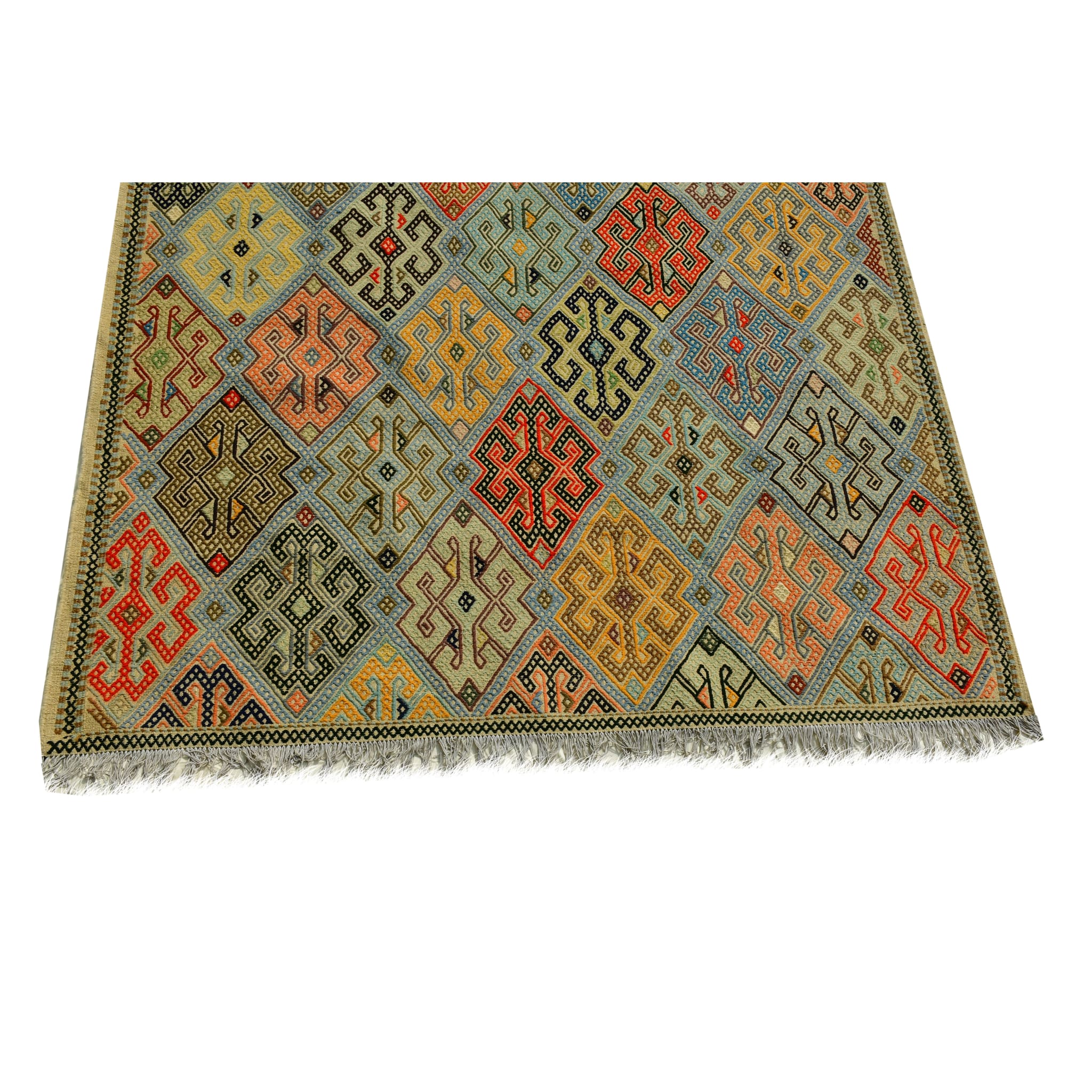 Handmade Afghan Aqcha Wool Rug 7x10 ft close-up of stepped hook design in tribal palette