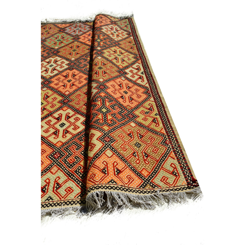 Handmade Afghan Aqcha Wool Rug 6x10 ft tilted view highlighting geometric pattern continuity