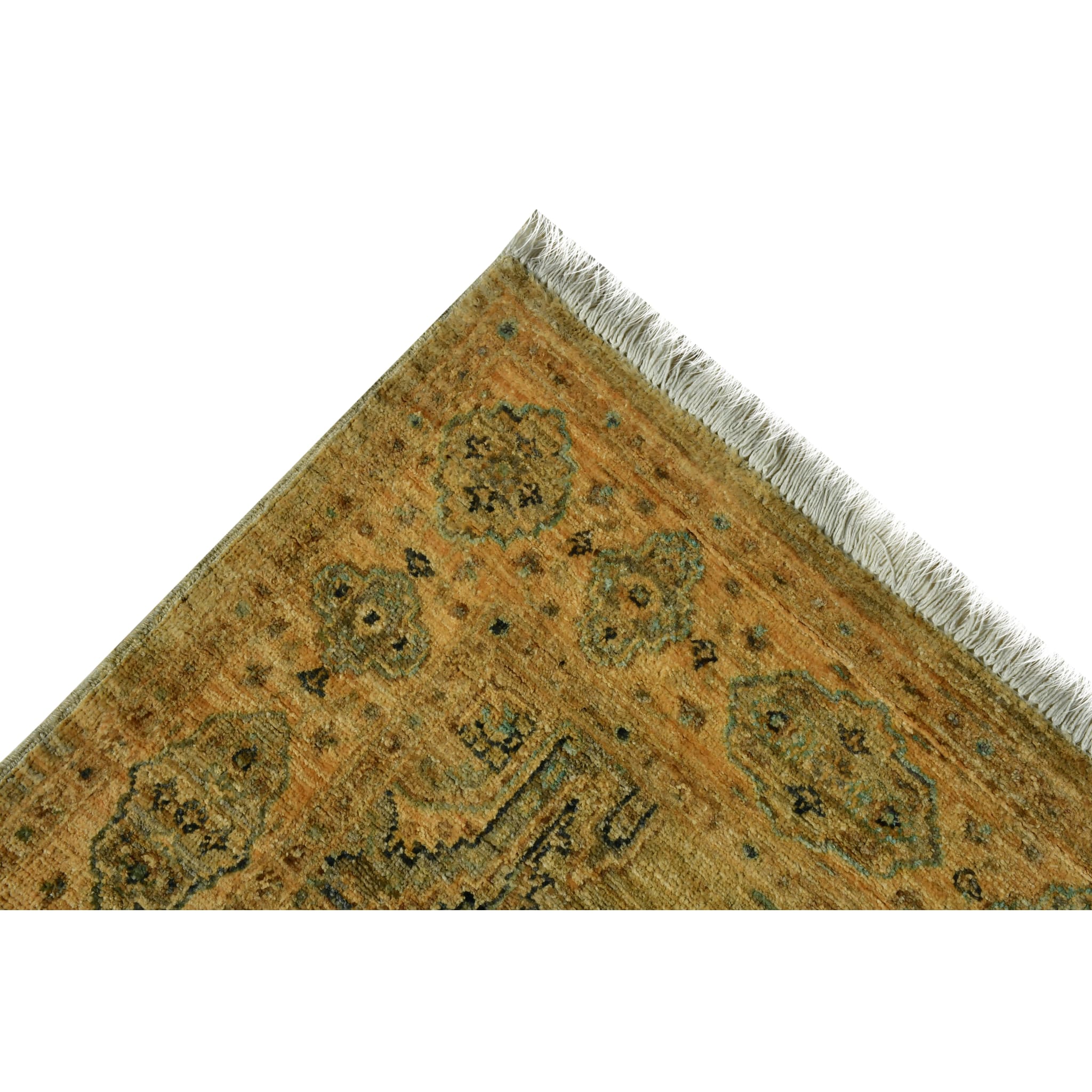 Handmade Afghan Aqcha Wool Rug 4x6 ft corner detail of floral border motifs and palmettes