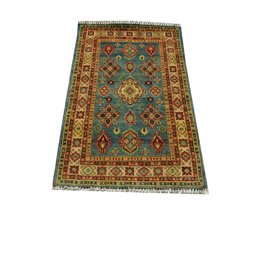 Handmade Afghan Aacha Wool Rug 4x6 ft full view with indigo field and geometric medallions