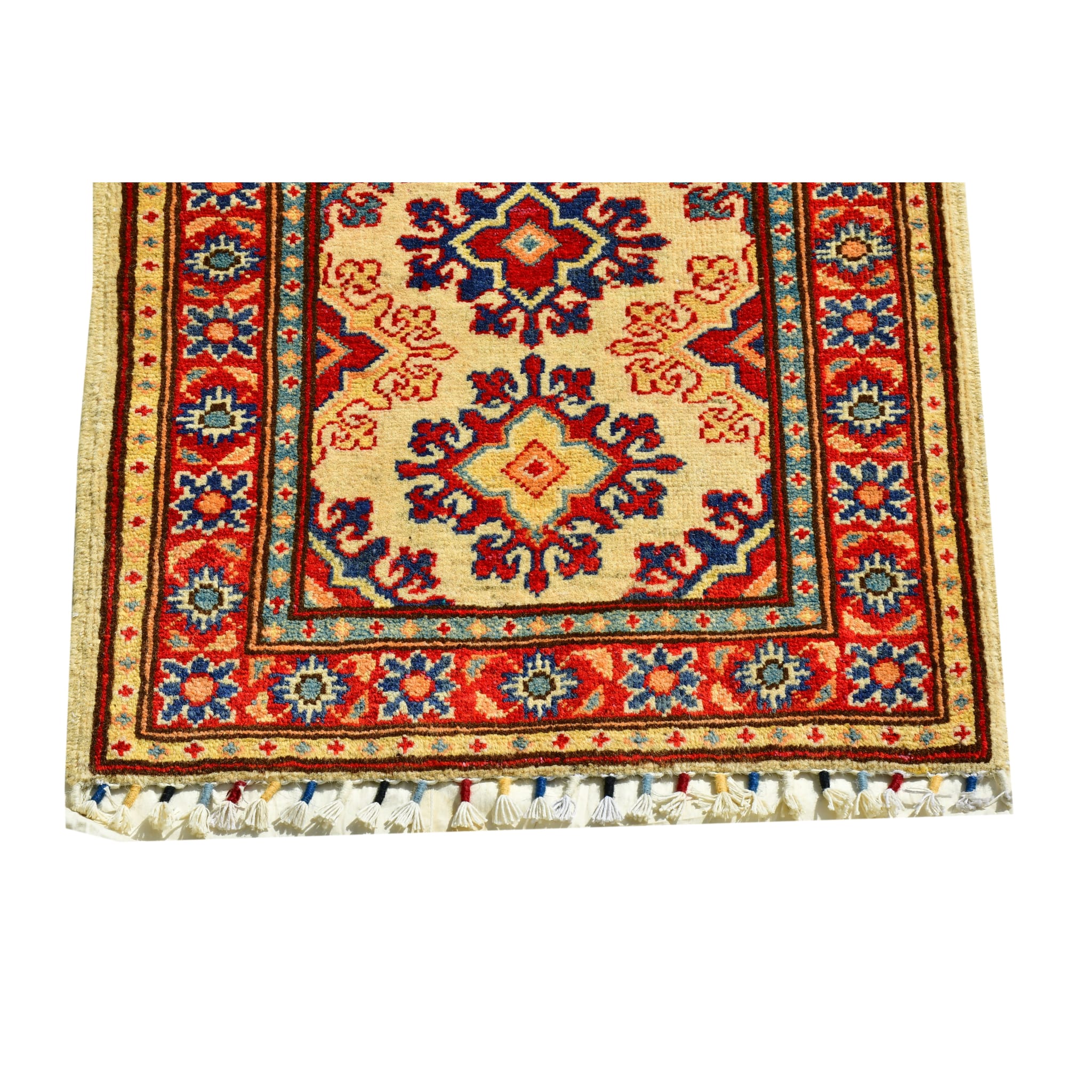 Handmade Afghan Aqcha Wool Rug 2x6 ft fringe detail with hand knotted tassels and border design
