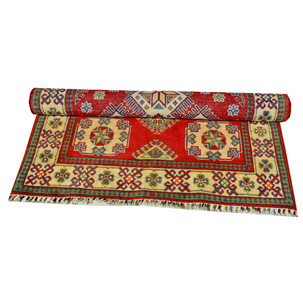 Handmade Afghan Aqcha Wool Rug 4x6 ft rolled view displaying continuous Kazakh geometric pattern