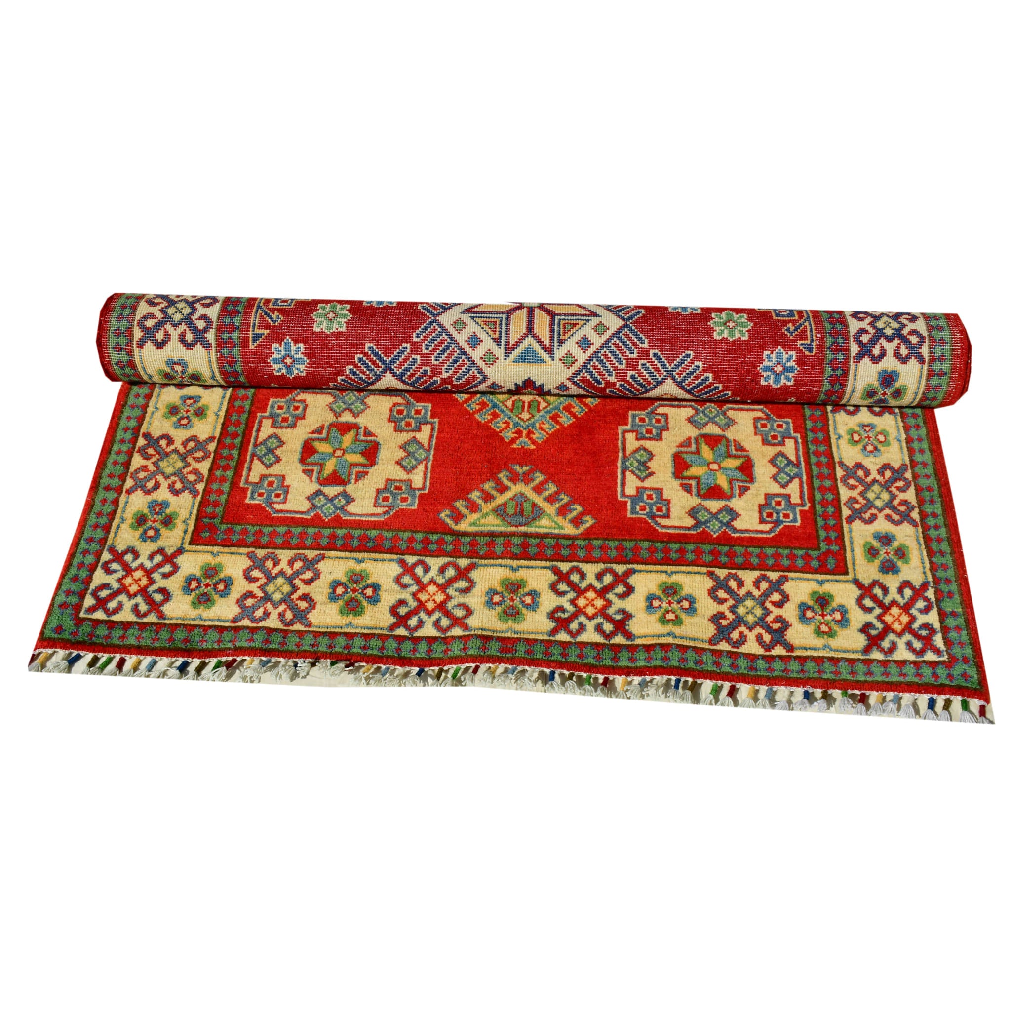 Handmade Afghan Aqcha Wool Rug 4x6 ft rolled view displaying continuous Kazakh geometric pattern
