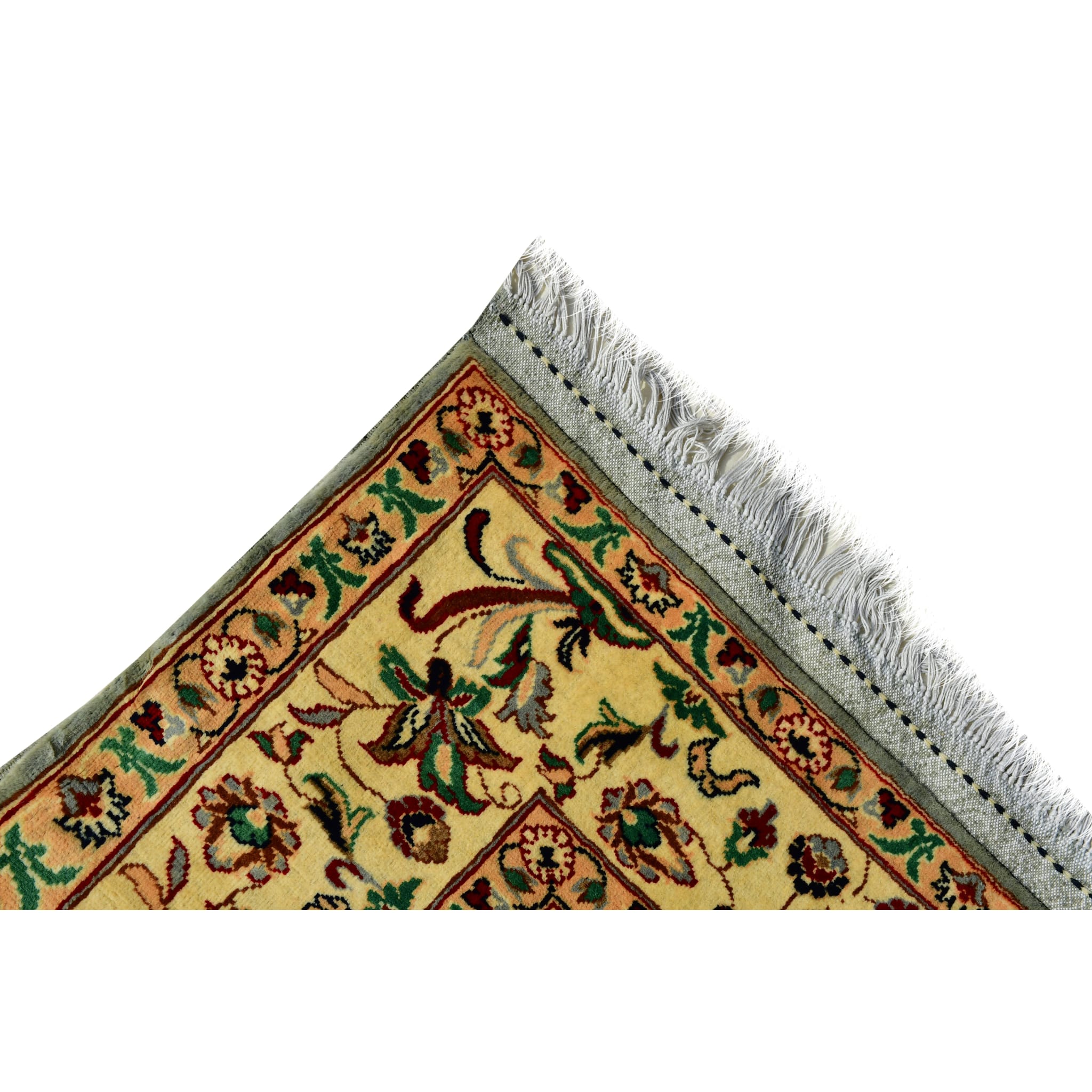Handmade Afghan Aqcha Wool Rug 5x8 ft corner view with detailed ivory floral border
