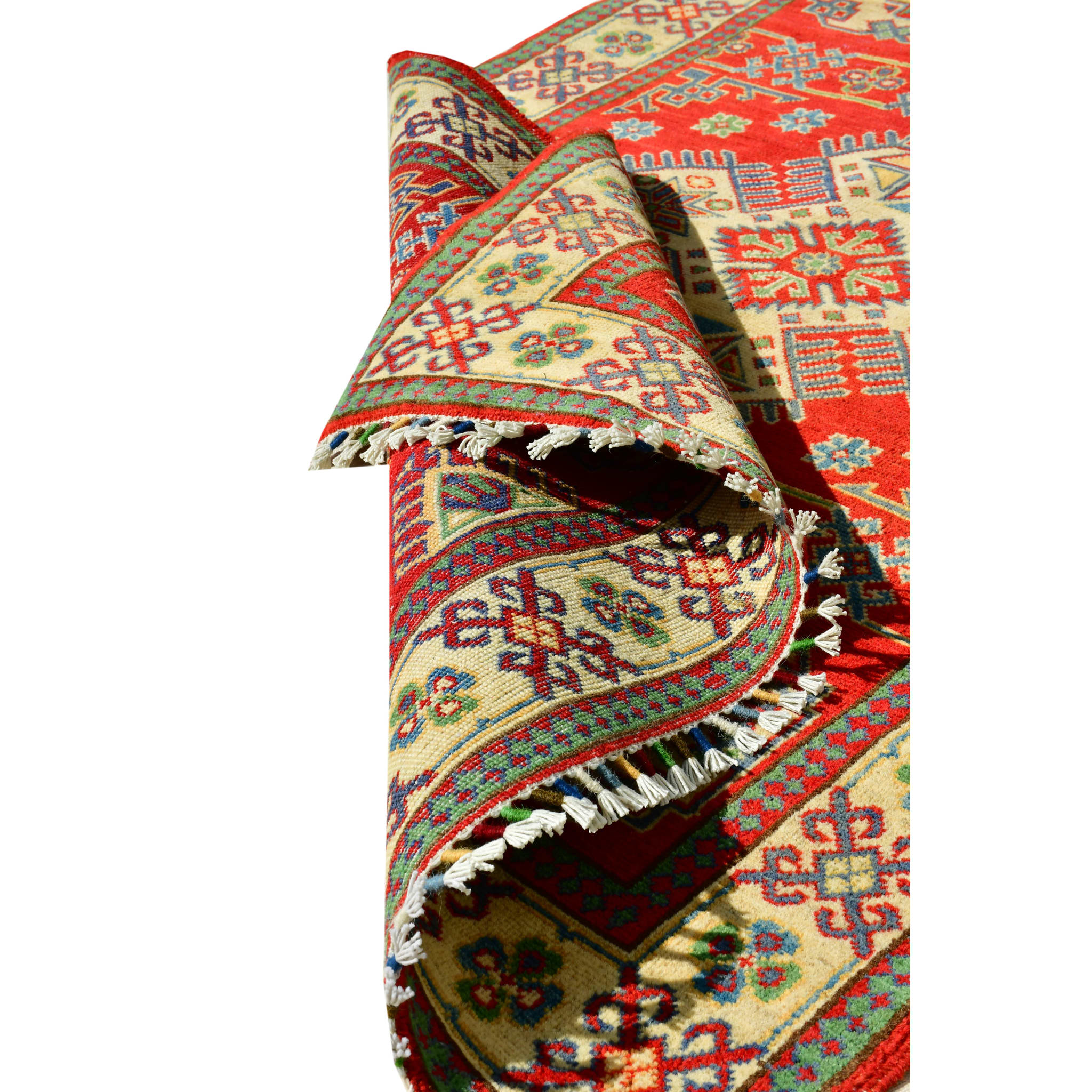 Handmade Afghan Aqcha Wool Rug 4x6 ft rolled edge emphasizing tight hand knotted weave and fringe