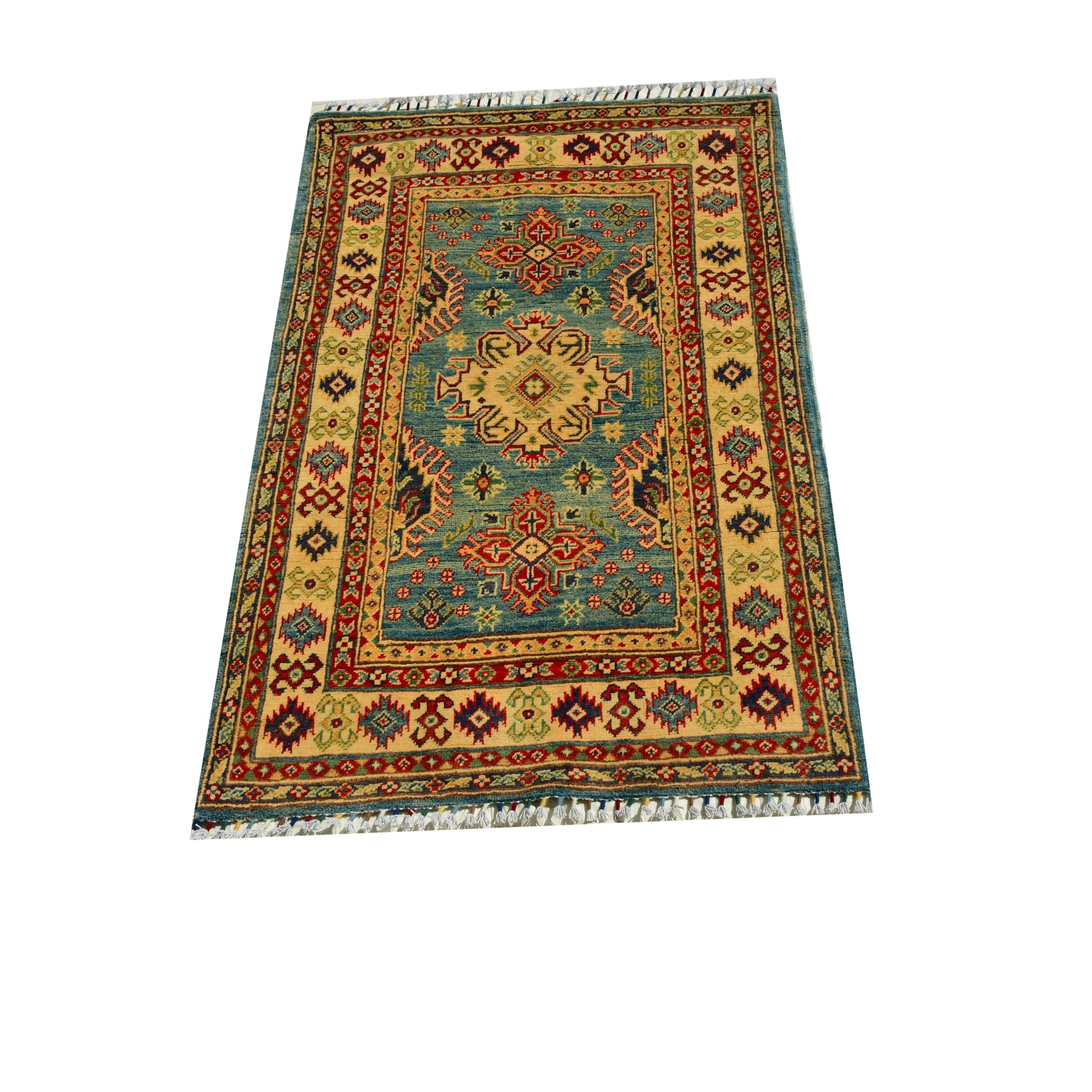 Handmade Afghan Aqcha Wool Rug 4x5 ft front view with indigo central medallion and geometric tribal patterns