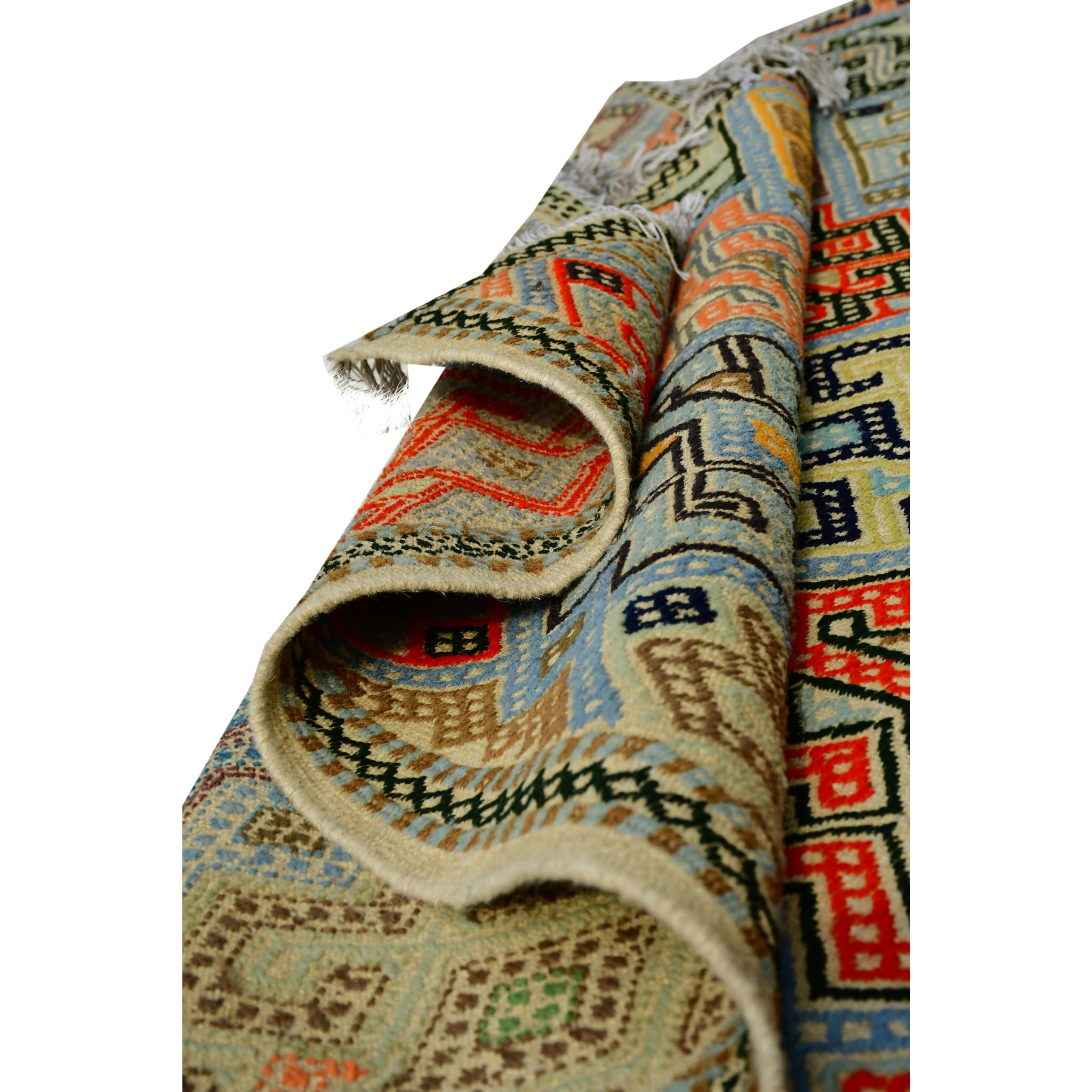 Handmade Afghan Aqcha Wool Rug 7x10 ft rolled view with focus on edge design details