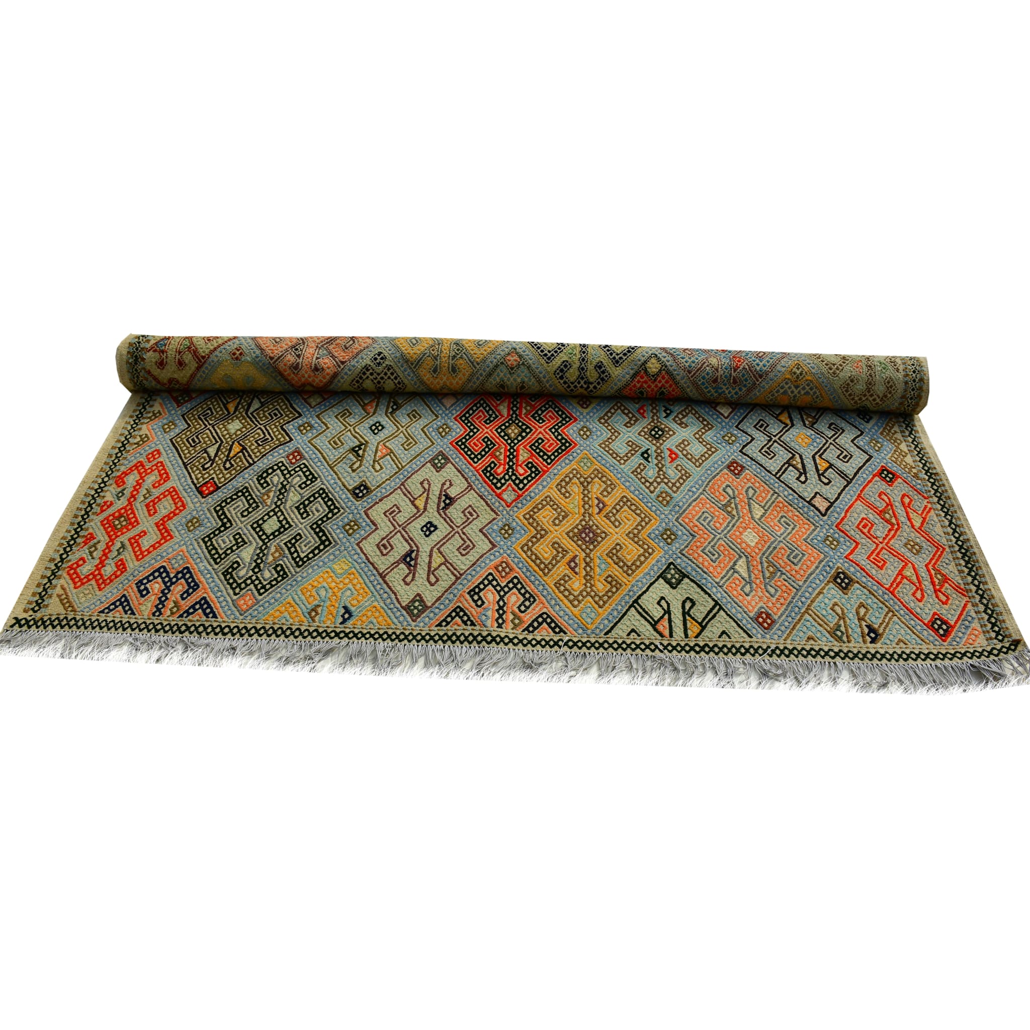 Handmade Afghan Aqcha Wool Rug 7x10 ft rolled view displaying geometric tribal motifs