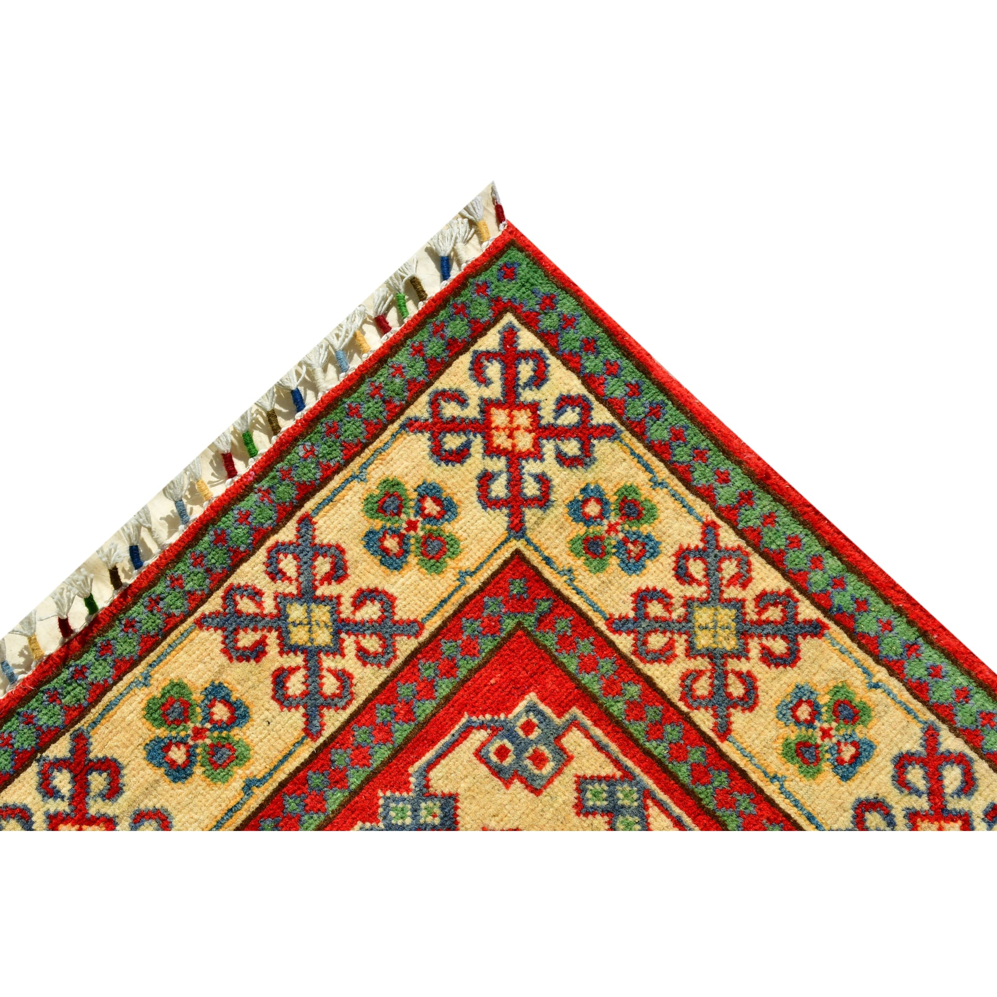 Handmade Afghan Aqcha Wool Rug 4x6 ft corner detail showing ivory border design and natural wool fringe