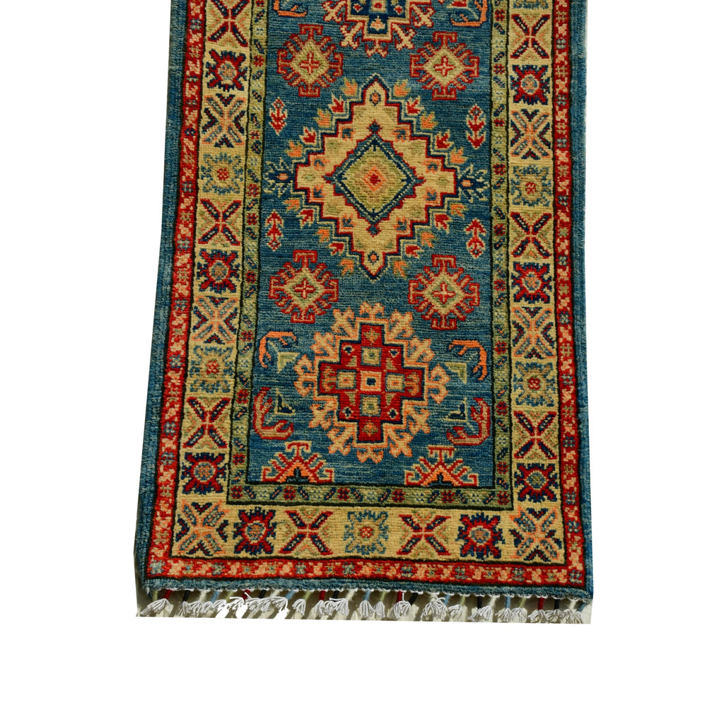 Handmade Afghan Aqcha Wool Rug 2x6 ft lower section detail with octagonal stepped medallion in red and gold