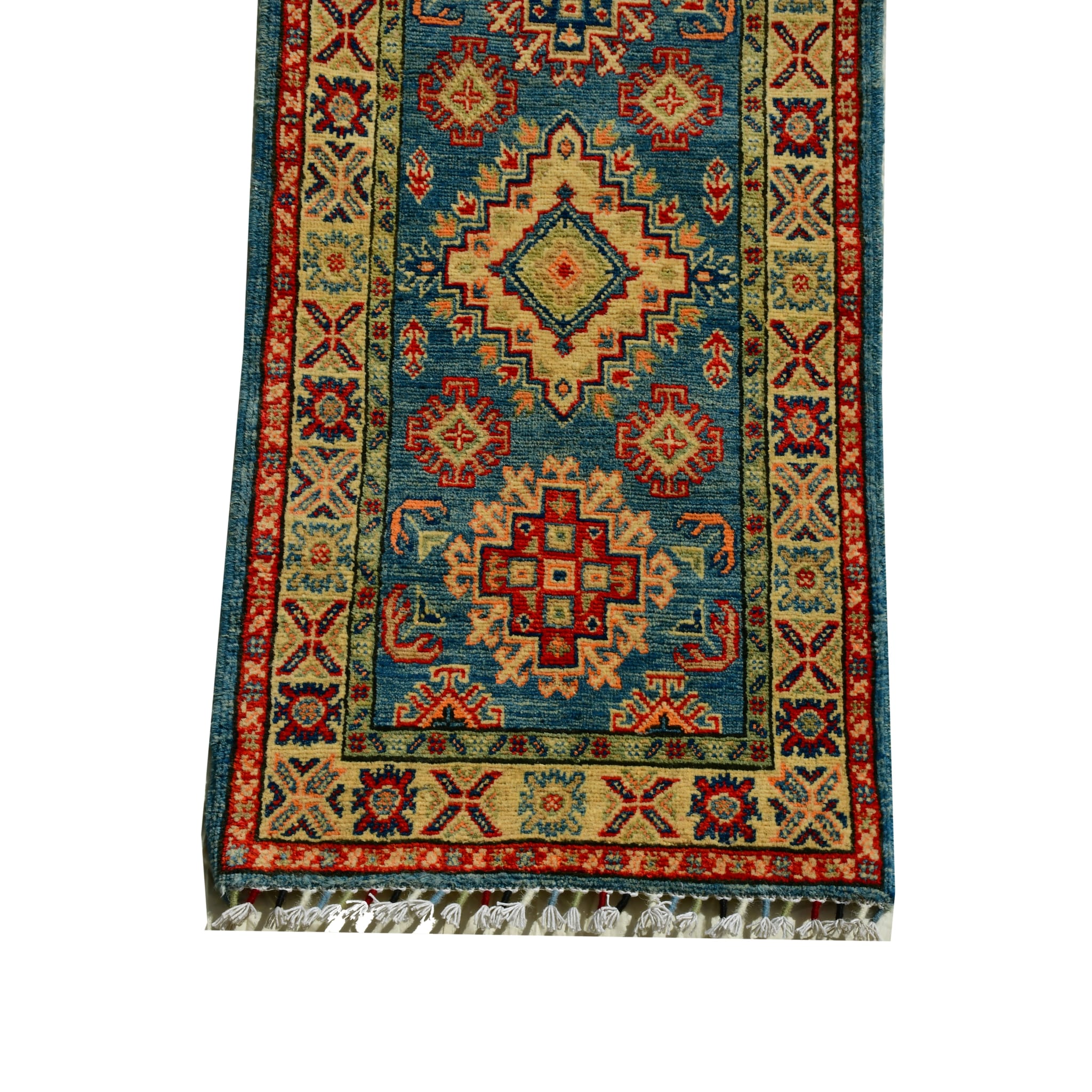 Handmade Afghan Aqcha Wool Rug 2x6 ft lower section detail with octagonal stepped medallion in red and gold