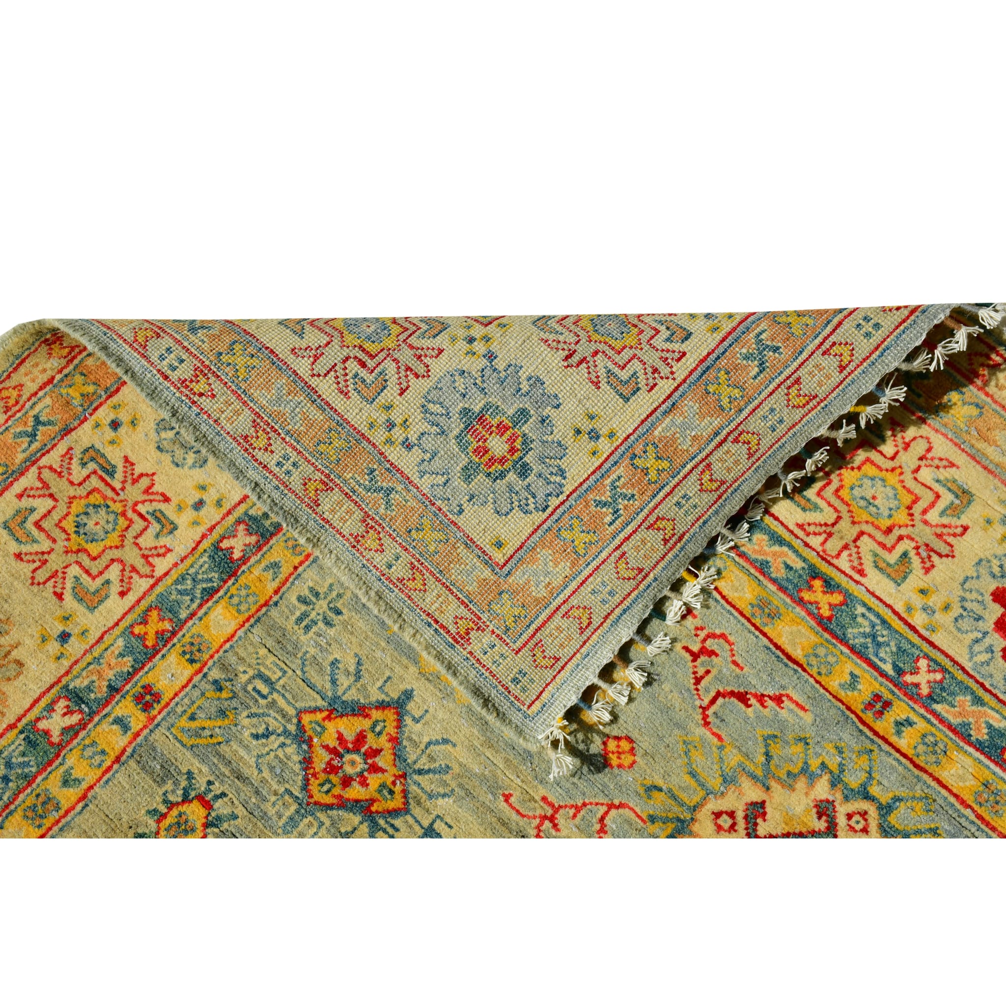 Handmade Afghan Aqcha Wool Rug 5x8 ft back angle revealing clear weave pattern and knot density