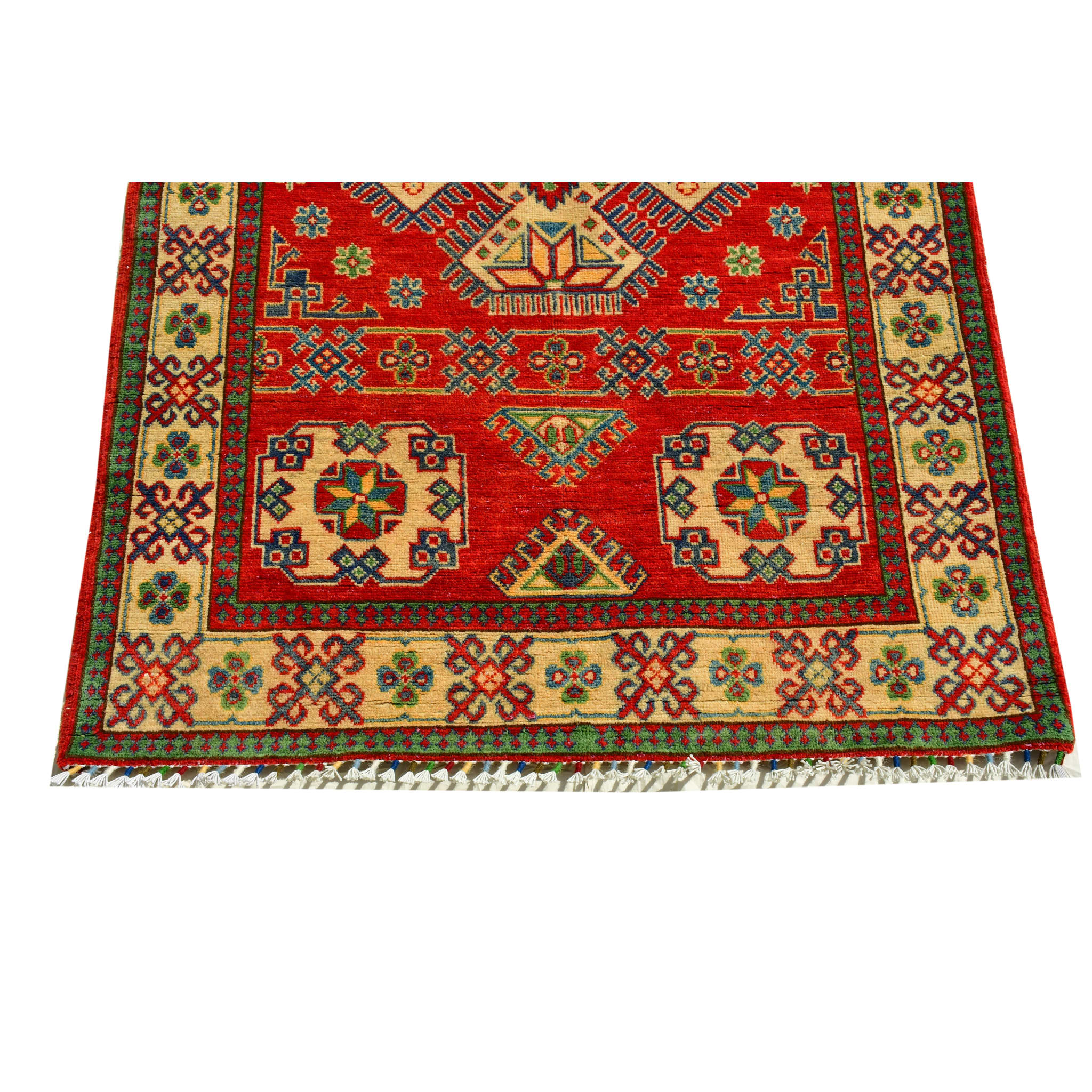 Handmade Afghan Aqcha Wool Rug 4x6 ft lower section detail with octagonal medallions and geometric cross motifs