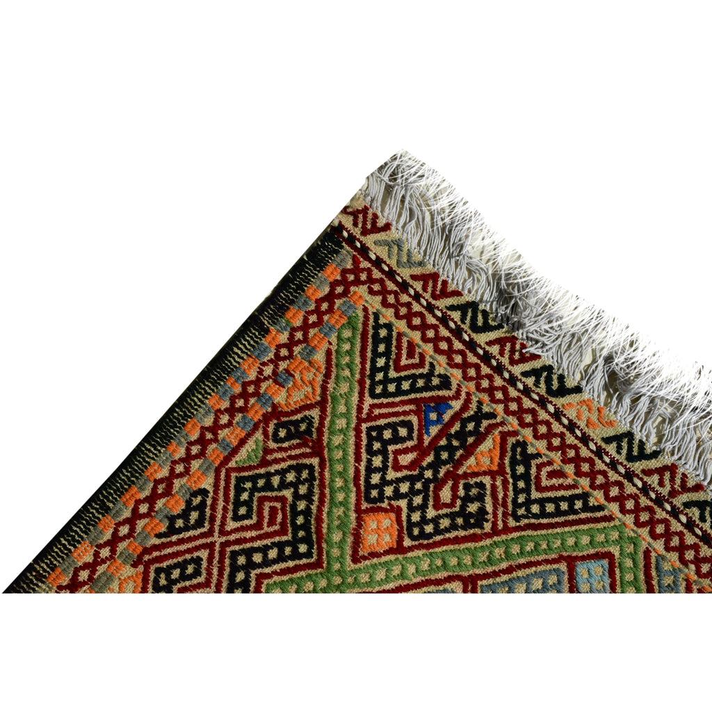 Handmade Afghan Aqcha Wool Rug 5x7 ft corner detail featuring latch hook motif in black and orange