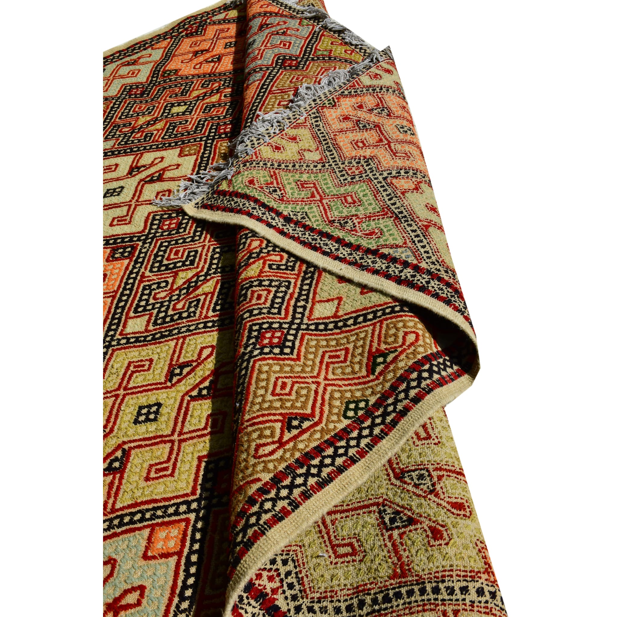 Handmade Afghan Aqcha Wool Rug 6x10 ft partially rolled to show flatweave thickness and texture