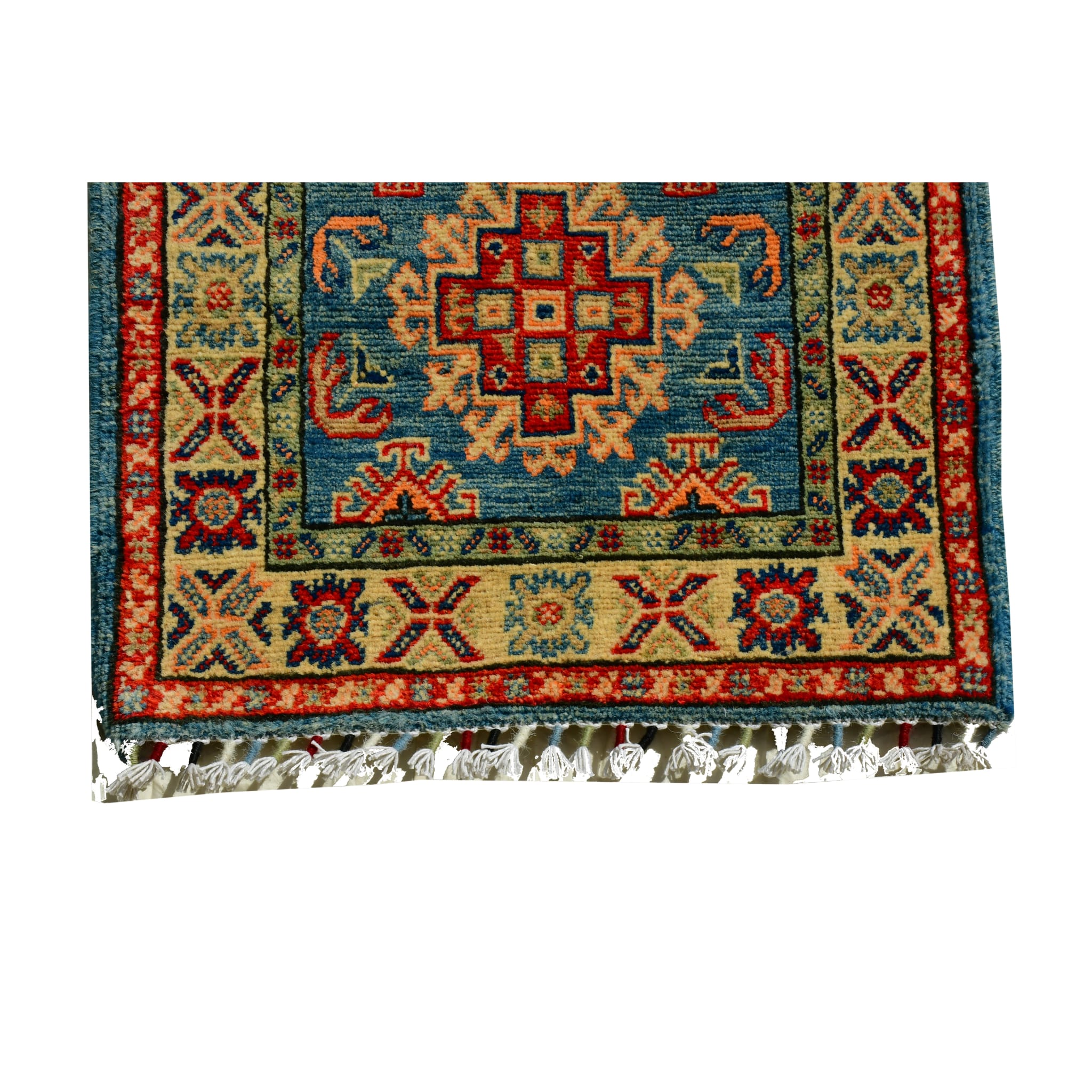 Handmade Afghan Aqcha Wool Rug 2x6 ft corner detail showing madder red border and ivory fringe