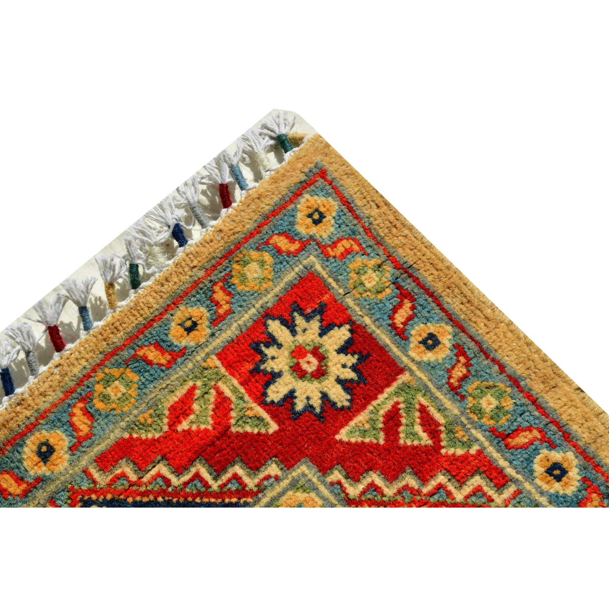 Handmade Afghan Aqcha Wool Rug 2.5x4 ft corner detail showing rosette and meander border