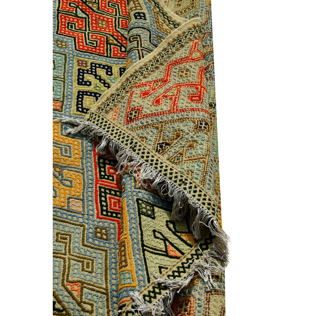 Handmade Afghan Aqcha Wool Rug 7x10 ft rolled view showing thickness and flatweave texture