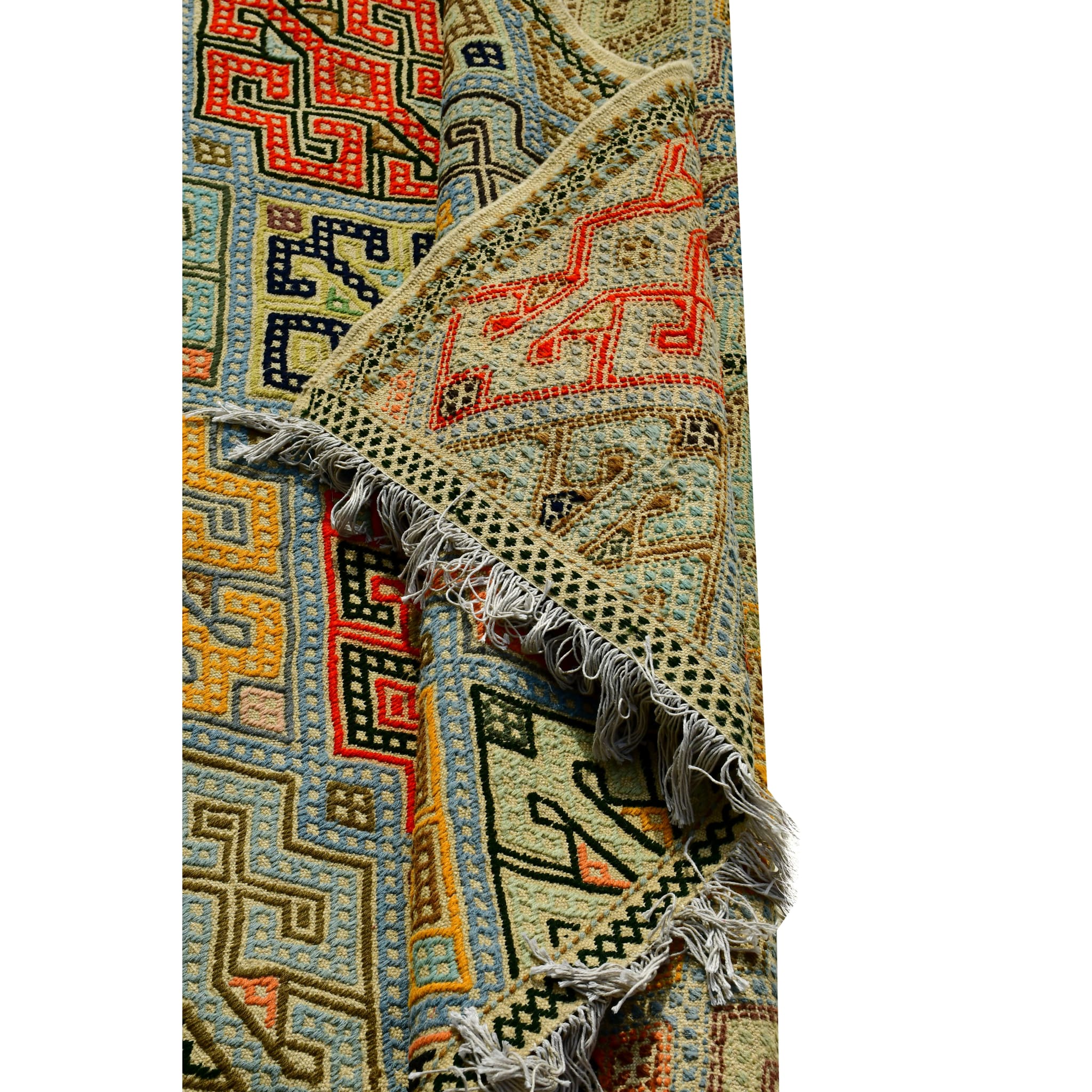 Handmade Afghan Aqcha Wool Rug 7x10 ft rolled view showing thickness and flatweave texture