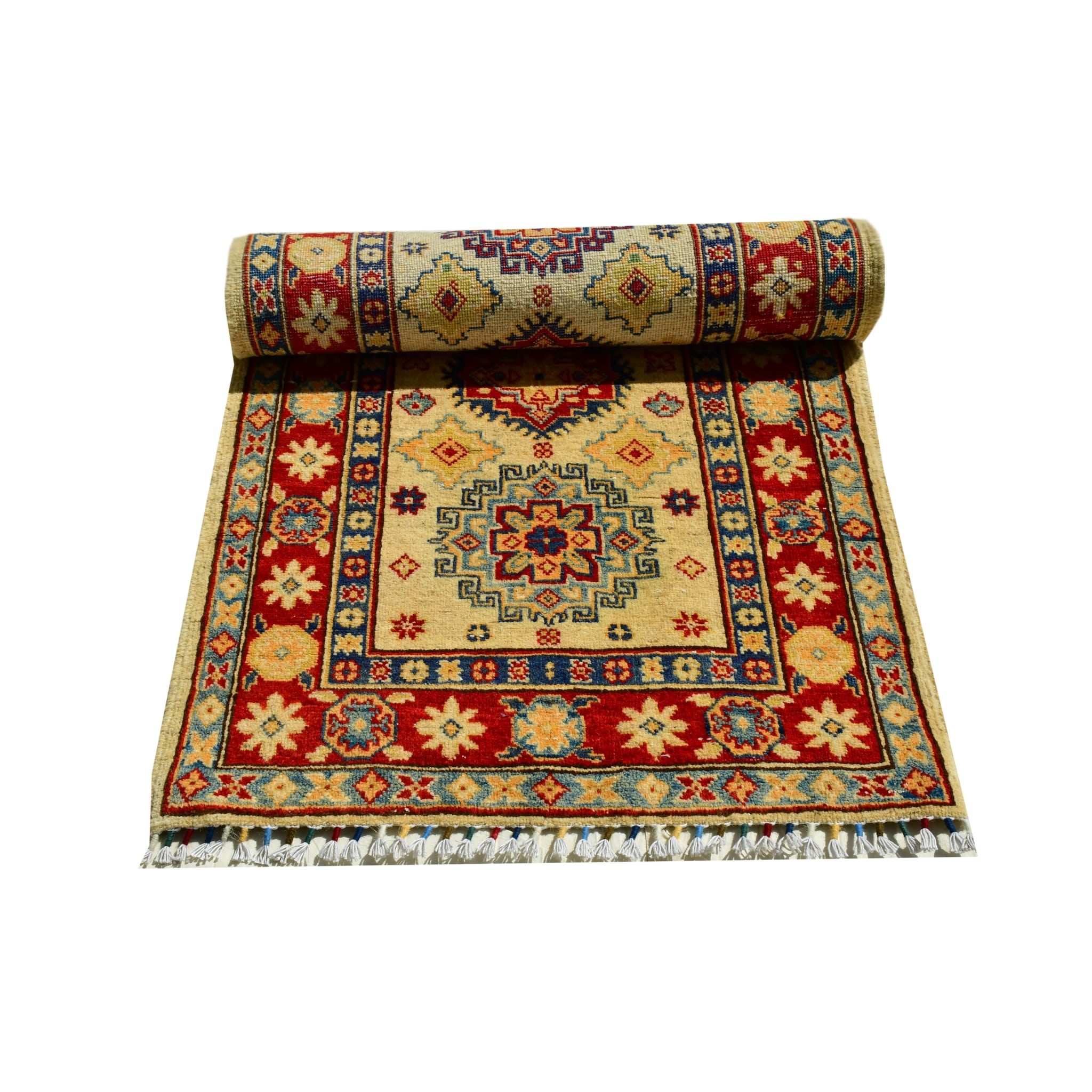 Handmade Afghan Aqcha Wool Rug 2.5x10 ft partially rolled displaying pile thickness and weave