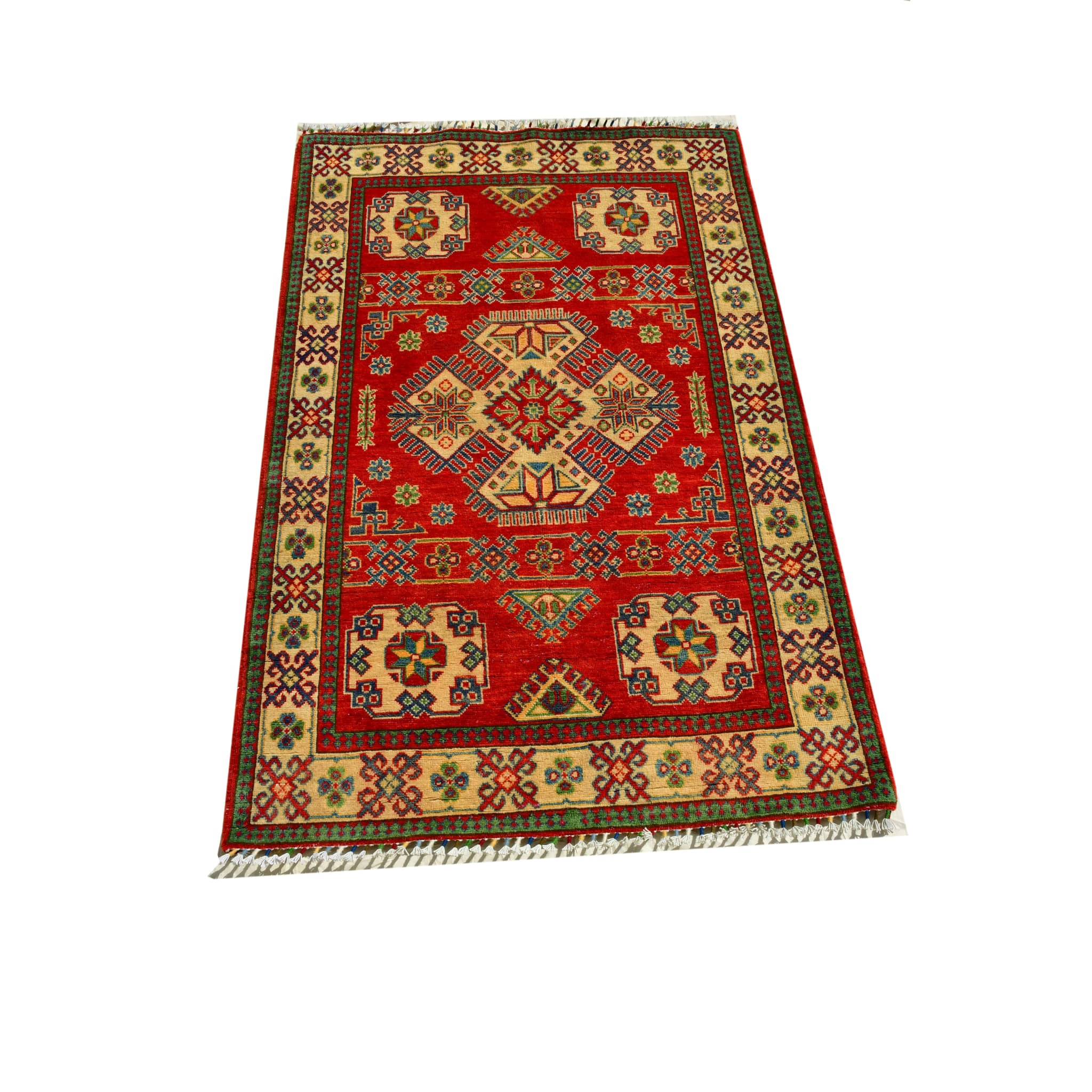 Handmade Afghan Aqcha Wool Rug 4x6 ft full view showing geometric Kazakh pattern with central medallion in red and ivory
