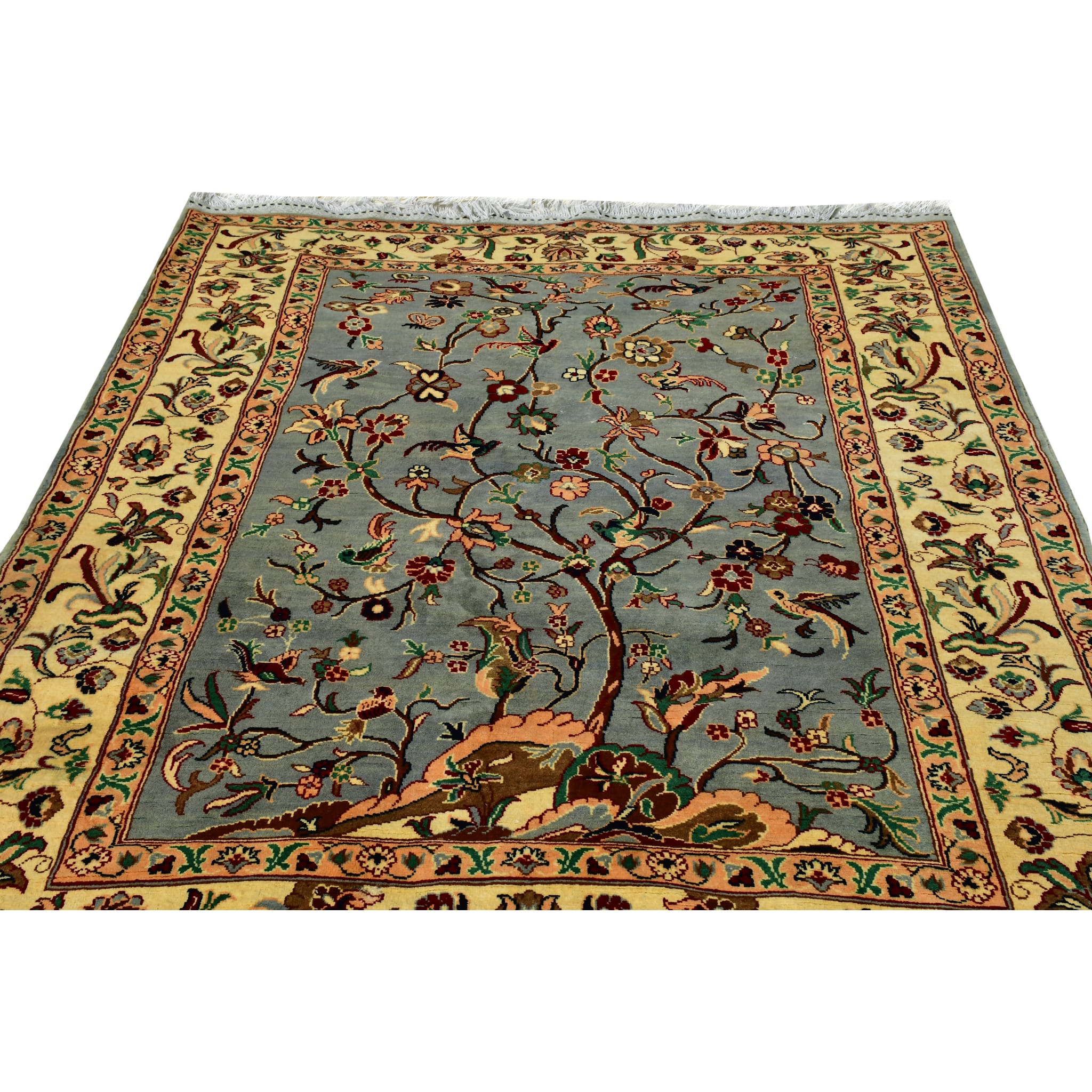 Handmade Afghan Aqcha Wool Rug 5x8 ft close-up of floral and bird motifs in wool