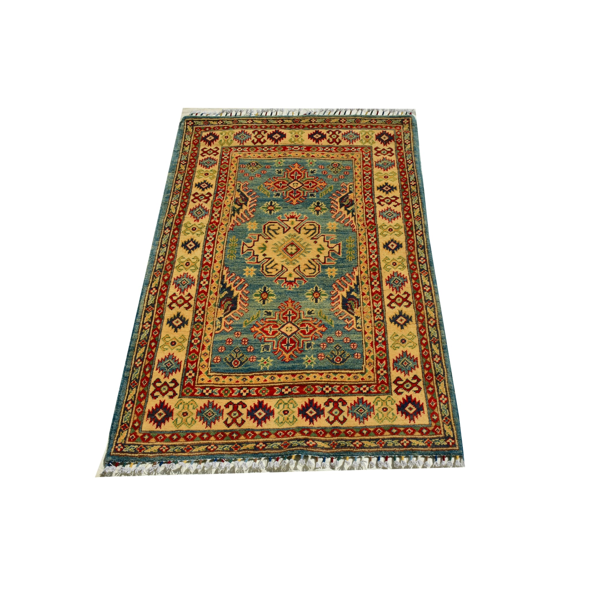 Handmade Afghan Aqcha Wool Rug 4x5 ft side angle highlighting vibrant indigo, red, and saffron palette