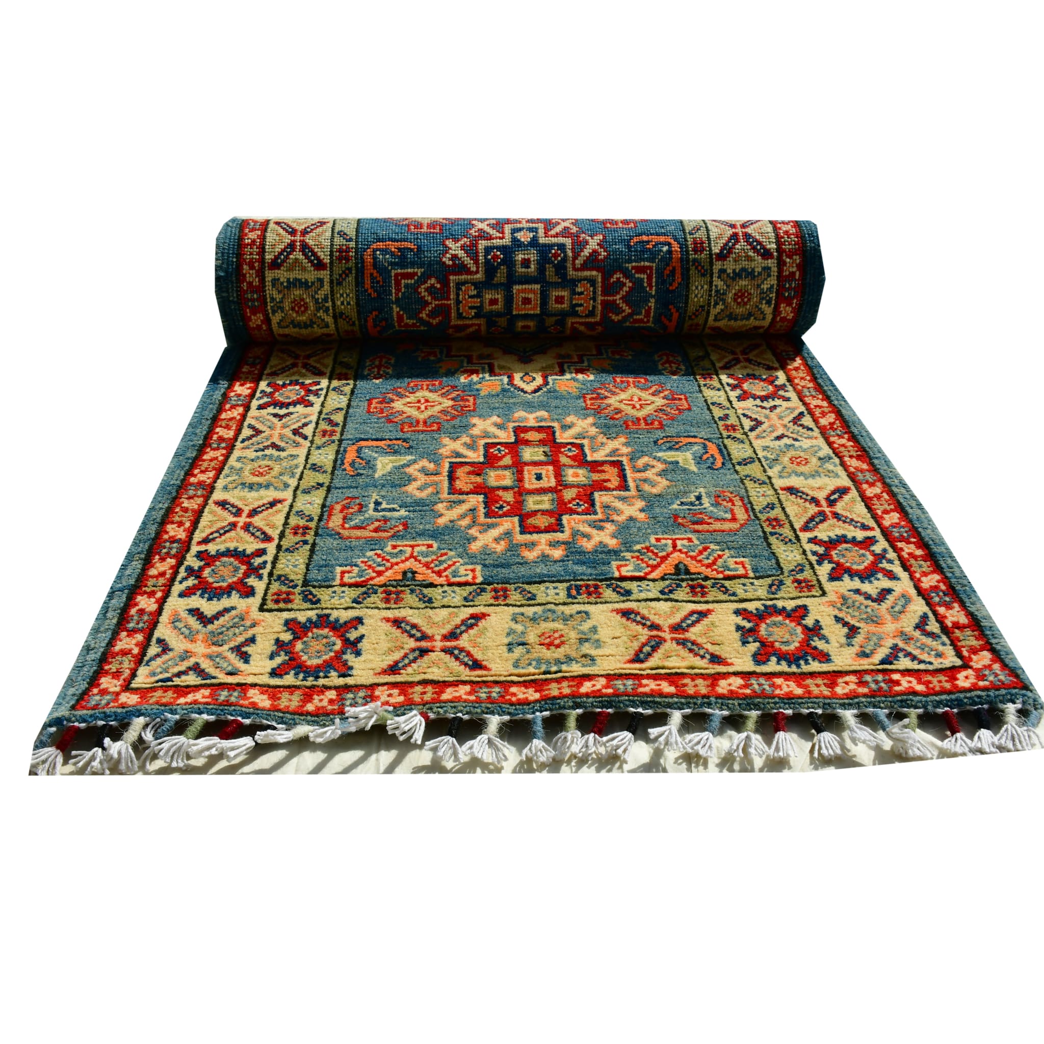 Handmade Afghan Aqcha Wool Rug 2x6 ft fully rolled view highlighting fringe tassels and border