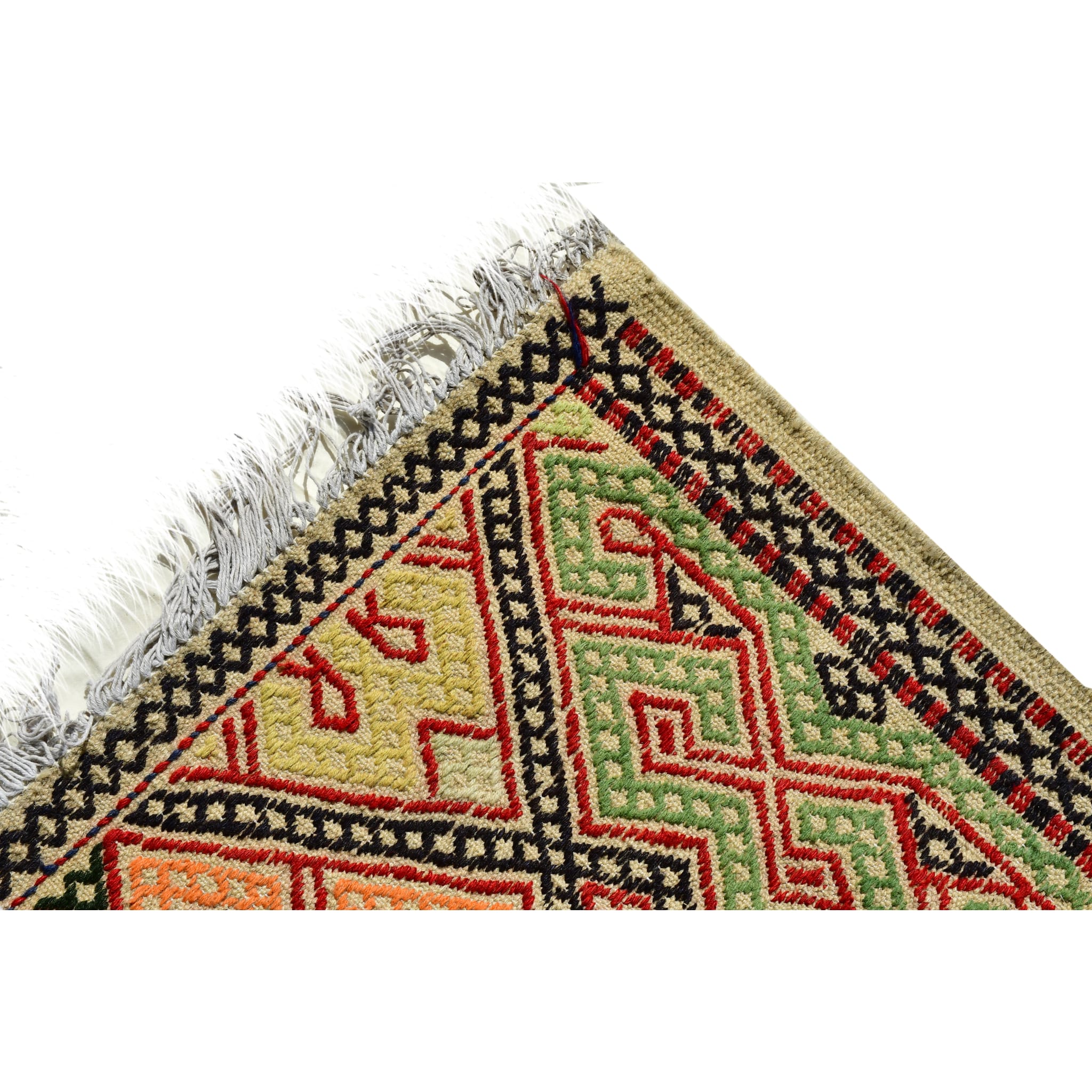 Handmade Afghan Aqcha Wool Rug 6x10 ft corner view showing border and natural wool fringe detail