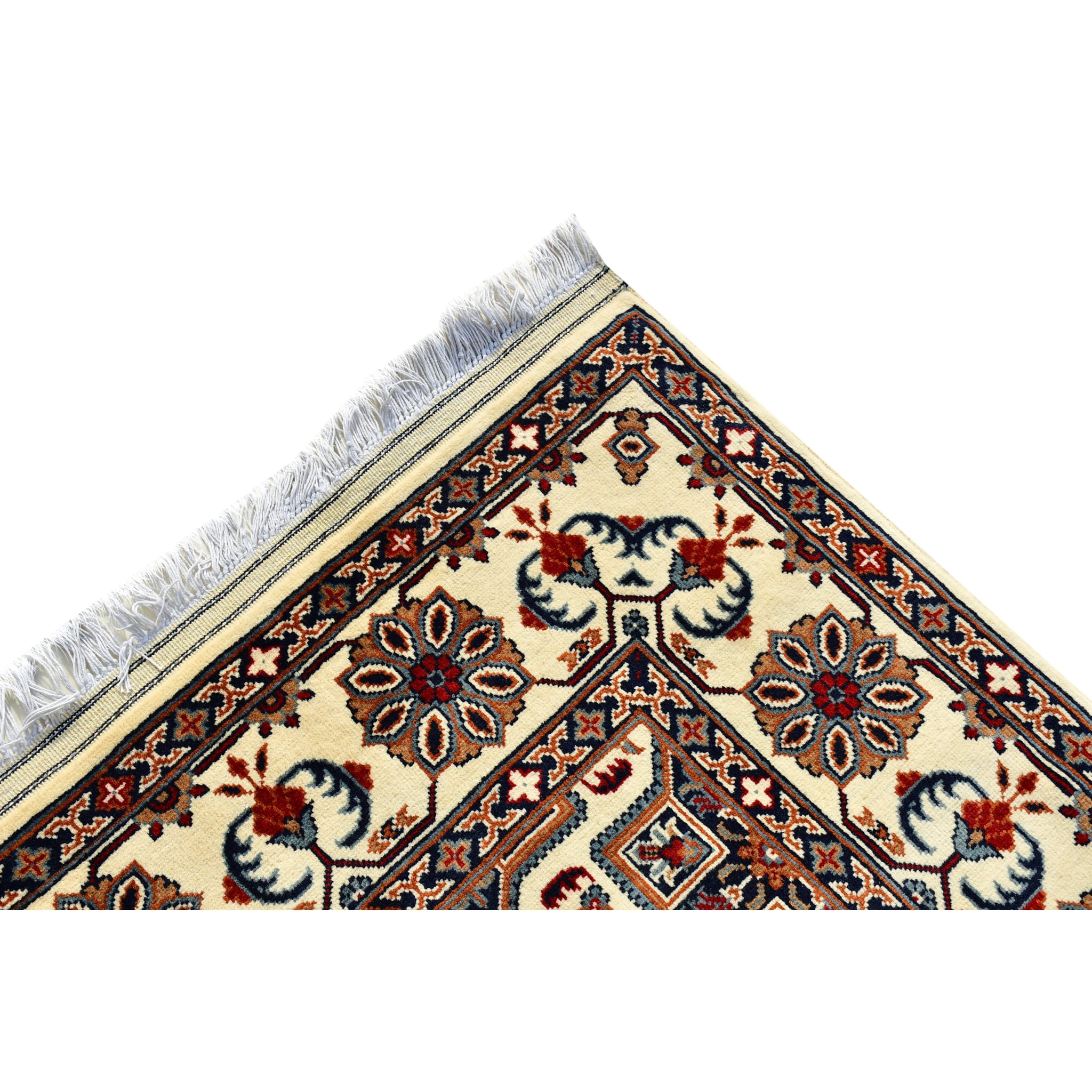 Handmade Afghan Aqcha Wool Rug 5x7 ft corner detail showing floral border and fringe