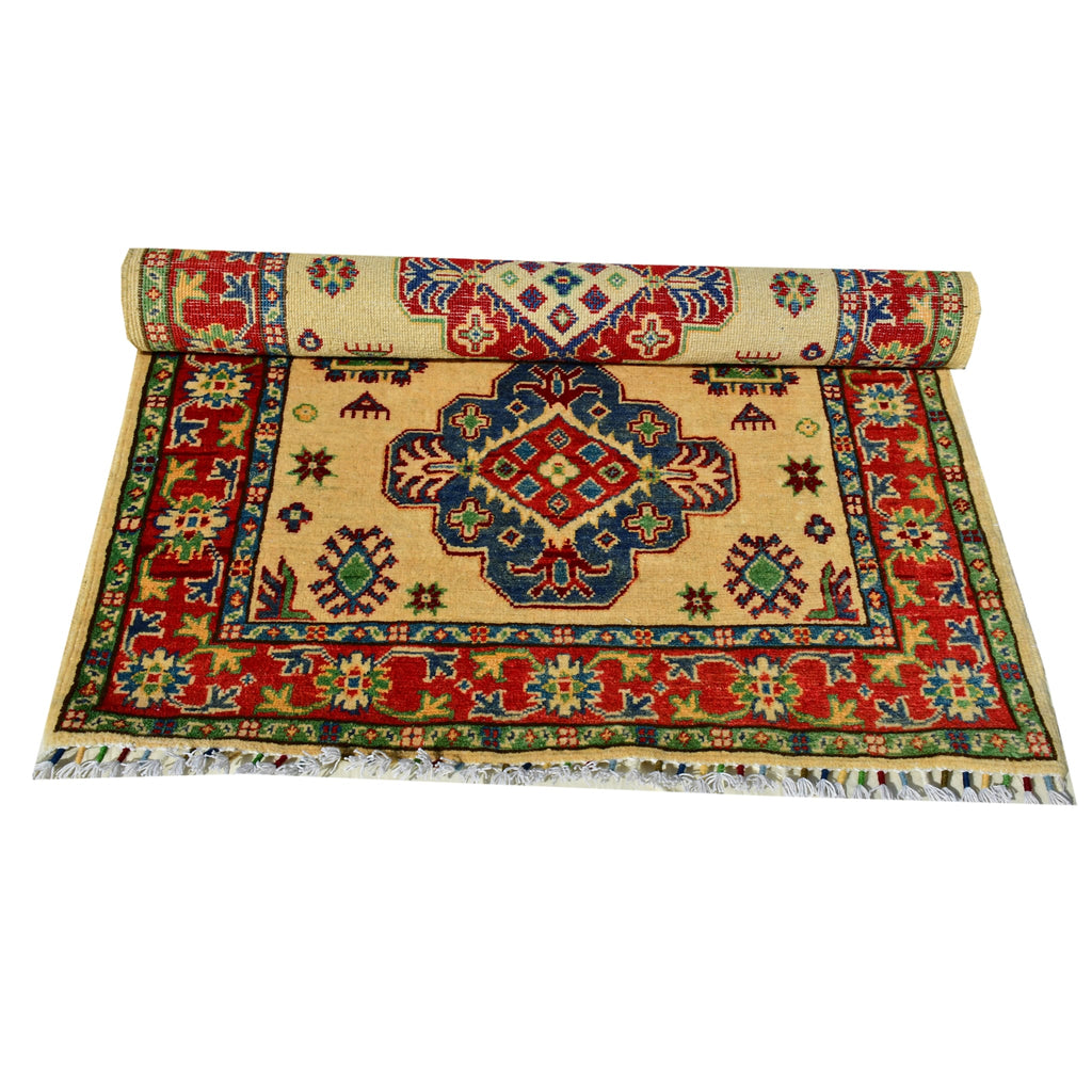 Handmade Afghan Aqcha Wool Rug 3x5 ft rolled view displaying back and front contrast