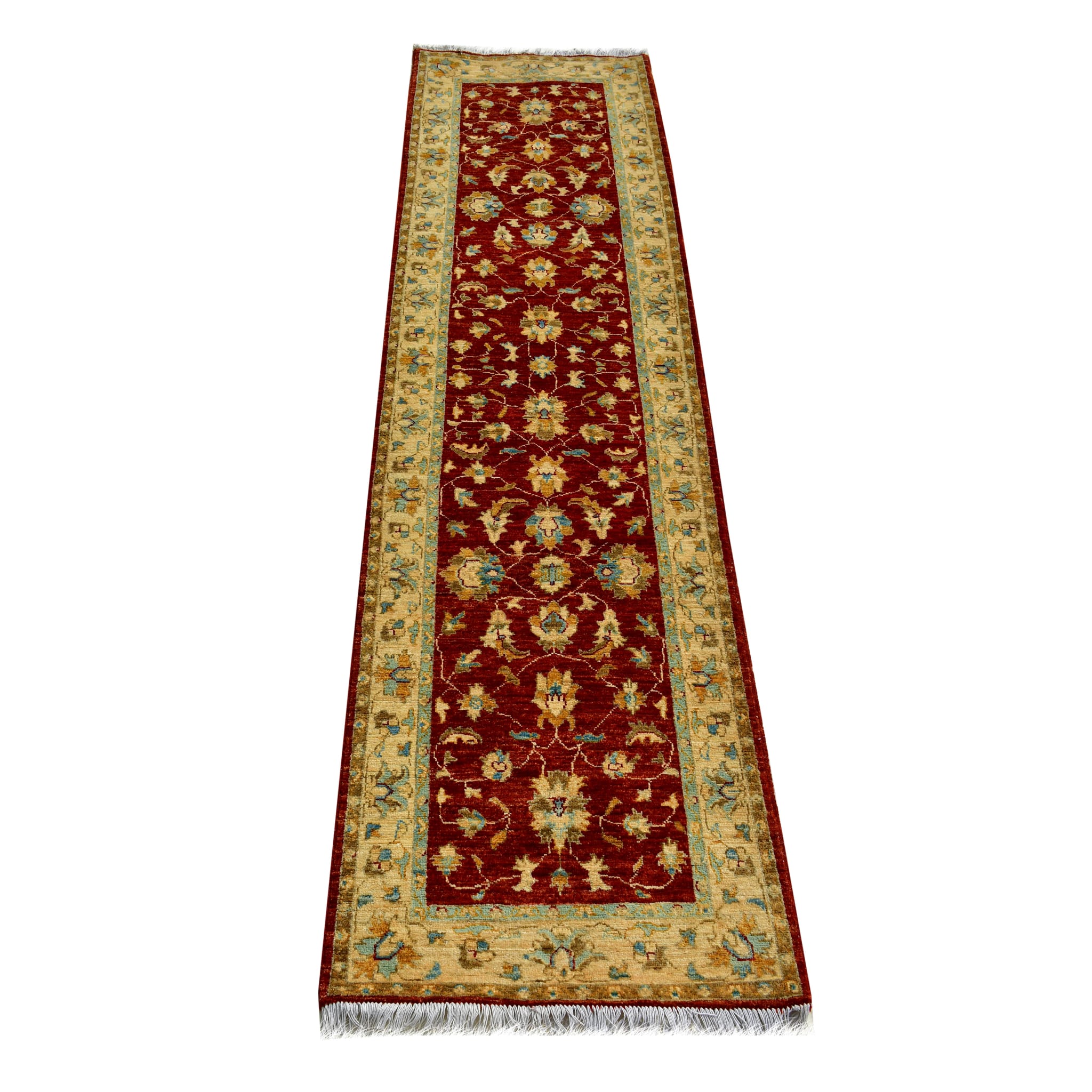 Handmade Afghan Aqcha Wool Rug 3x10 ft full runner view with vibrant madder red tones