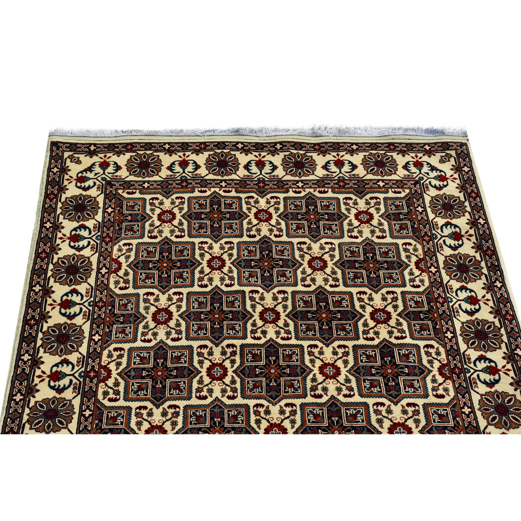 Handmade Afghan Aqcha Wool Rug 5x7 ft close-up of rosette and diamond motifs