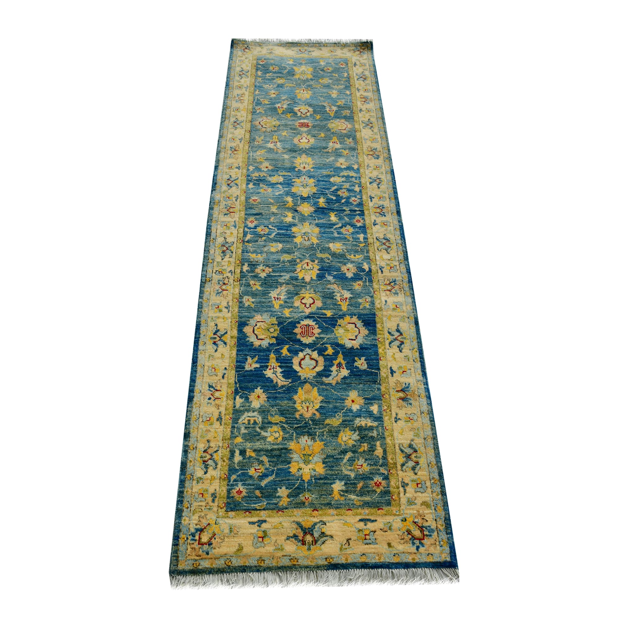 Handmade Afghan Aqcha Wool Rug 3x10 ft front view with floral palmettes on indigo blue field
