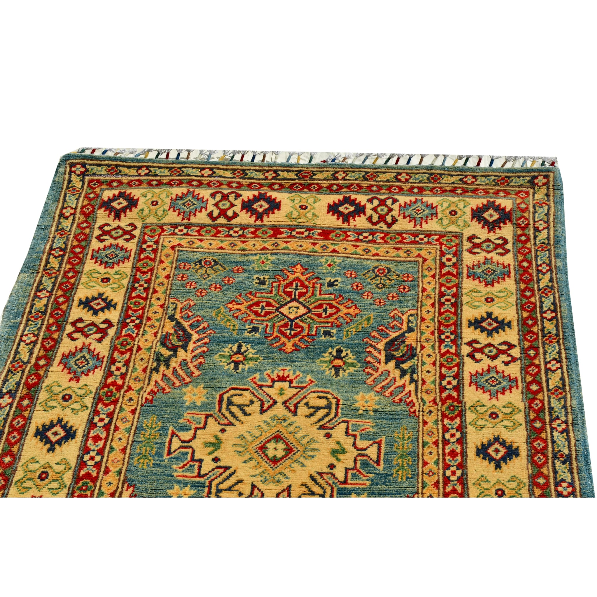 Handmade Afghan Aqcha Wool Rug 4x5 ft close-up of intricate geometric latch hook motifs
