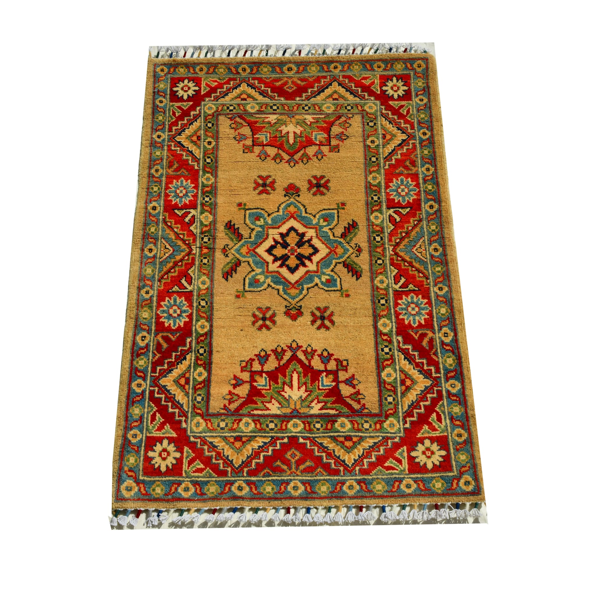 Handmade Afghan Aqcha Wool Rug 2.5x4 ft front view with full geometric pattern and central medallion
