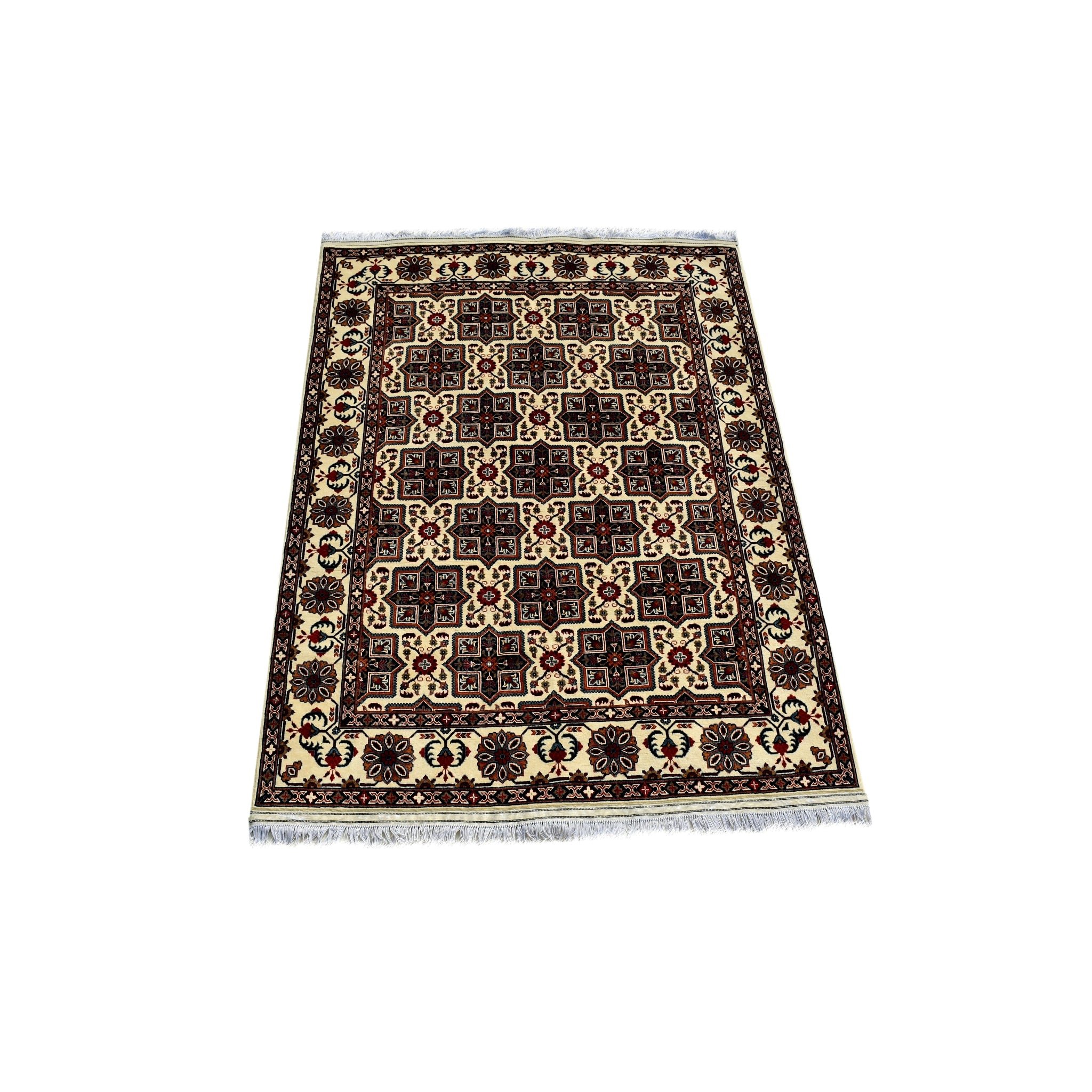 Handmade Afghan Aqcha Wool Rug 5x7 ft side angle view showing pile depth and texture