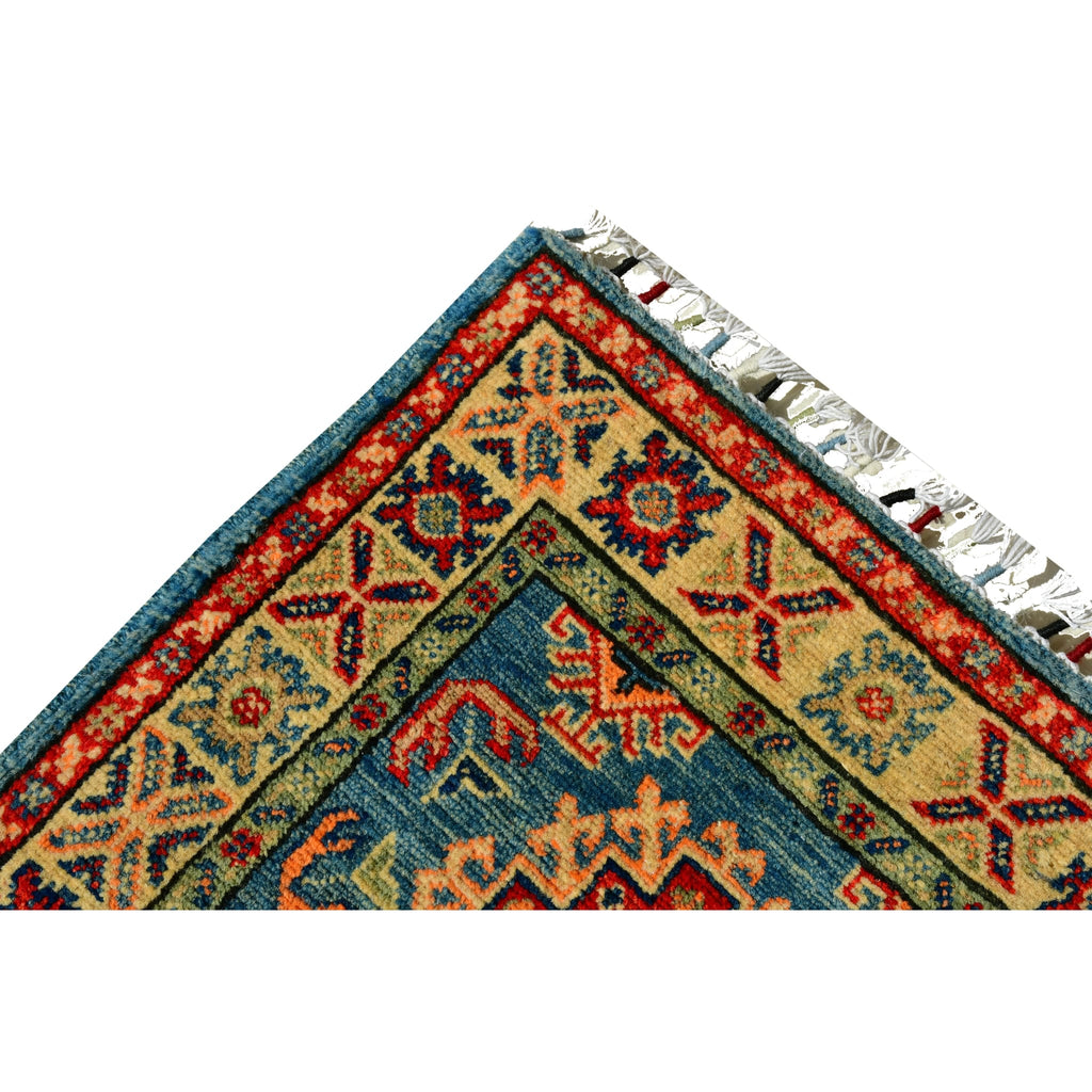 Handmade Afghan Aqcha Wool Rug 2x6 ft corner view with geometric border motifs in red and saffron gold