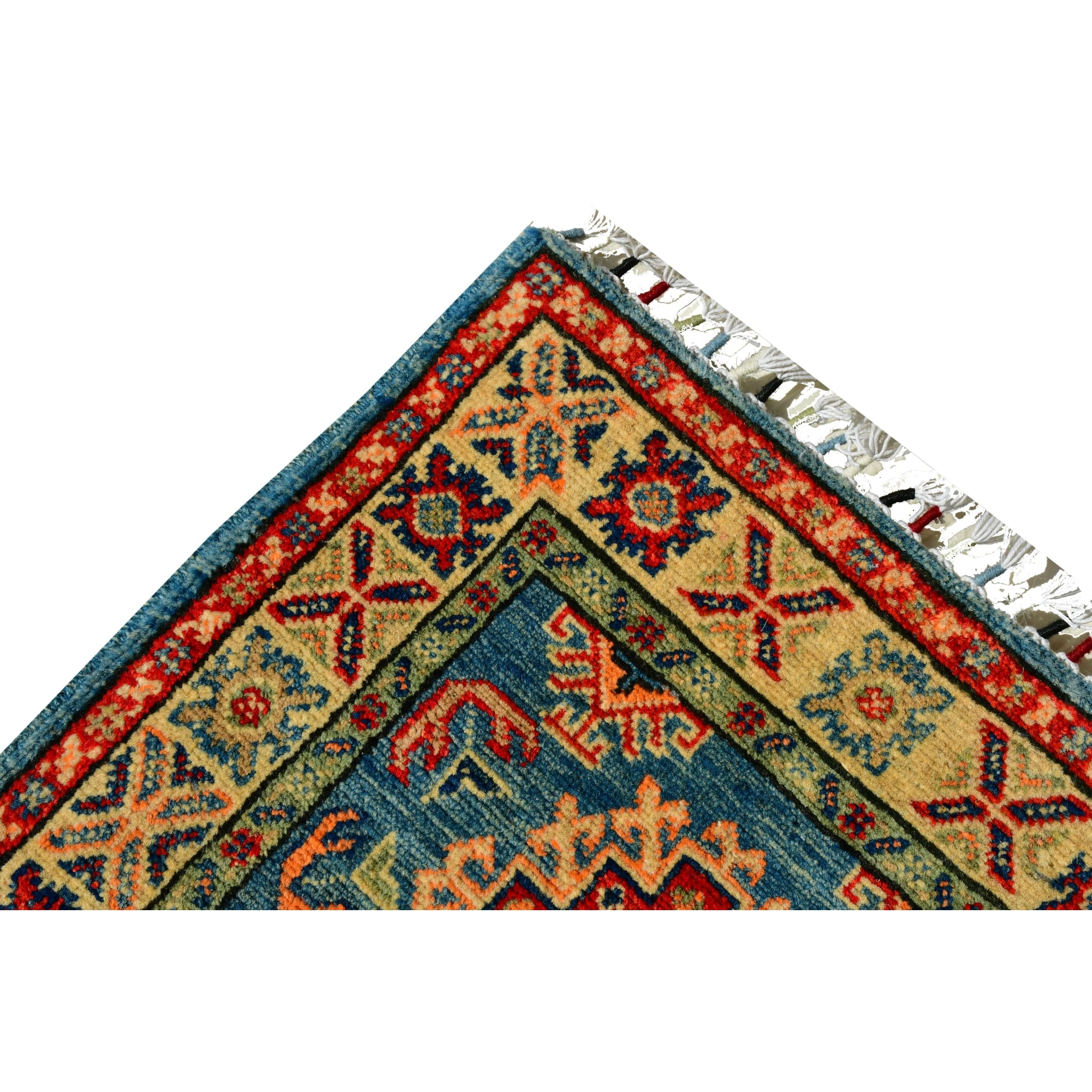Handmade Afghan Aqcha Wool Rug 2x6 ft corner view with geometric border motifs in red and saffron gold