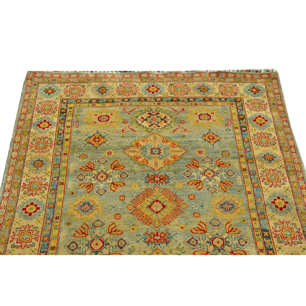 Handmade Afghan Aqcha Wool Rug 5x8 ft close-up of central diamond medallion and surrounding rosette motifs
