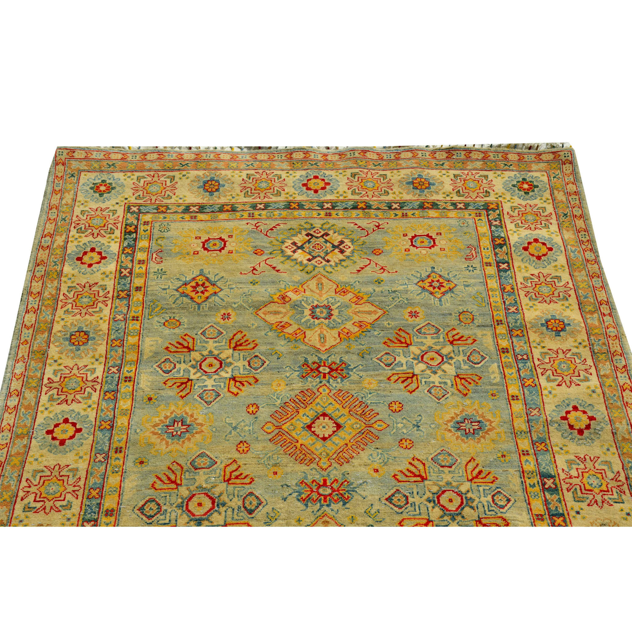 Handmade Afghan Aqcha Wool Rug 5x8 ft close-up of central diamond medallion and surrounding rosette motifs