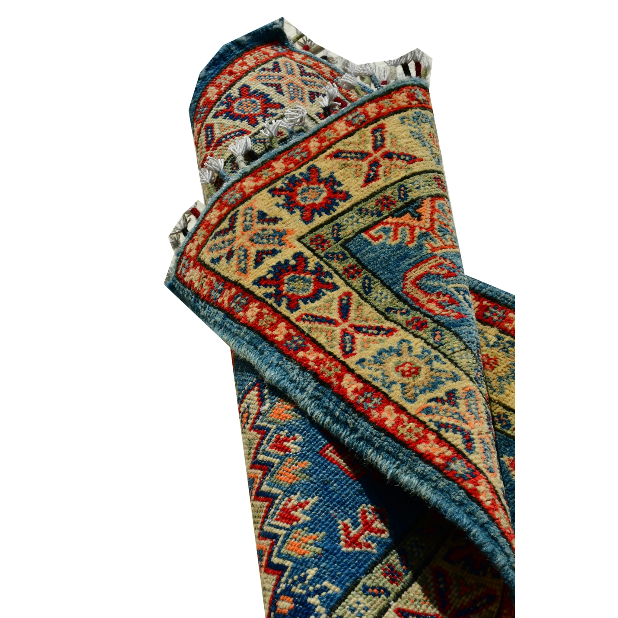 Handmade Afghan Aqcha Wool Rug 2x6 ft partially rolled to display wool pile thickness