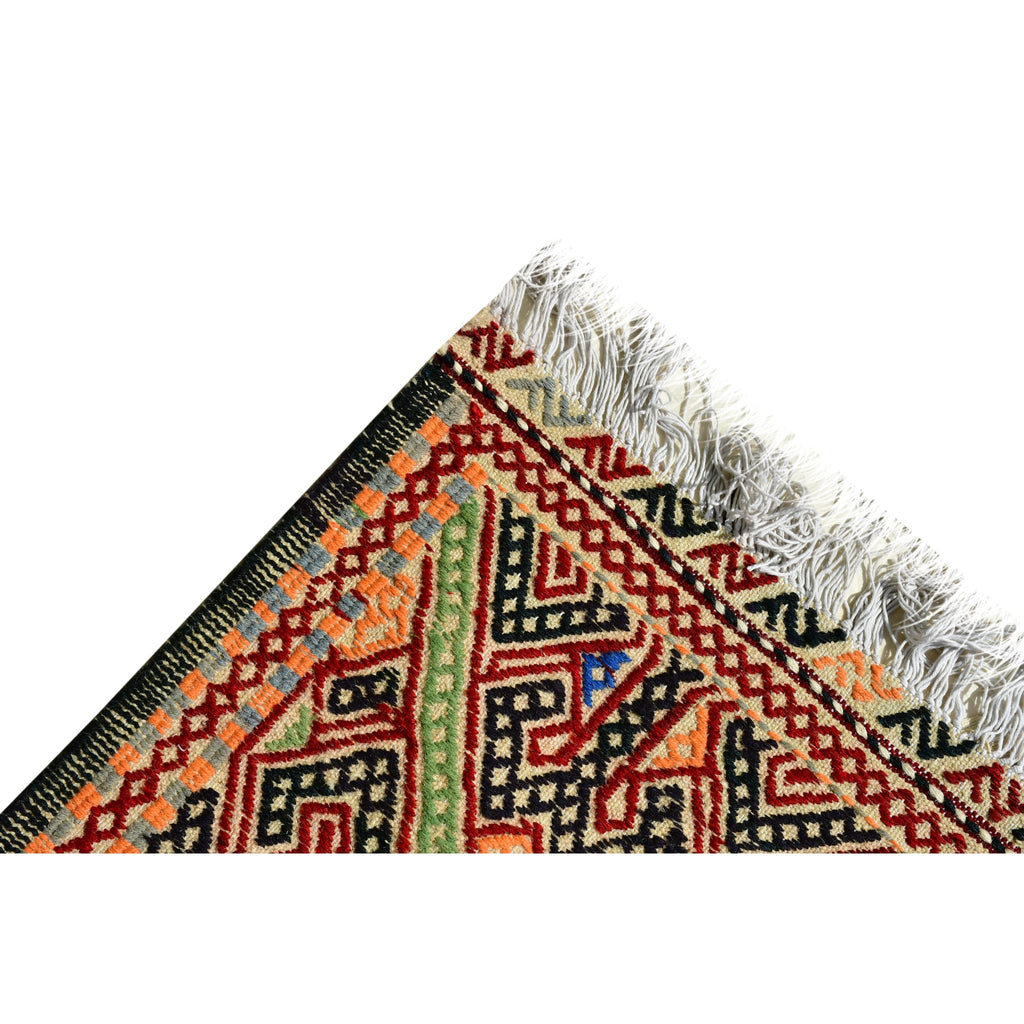 Handmade Afghan Aqcha Wool Rug 5x7 ft corner view showing meander border and red geometric trim