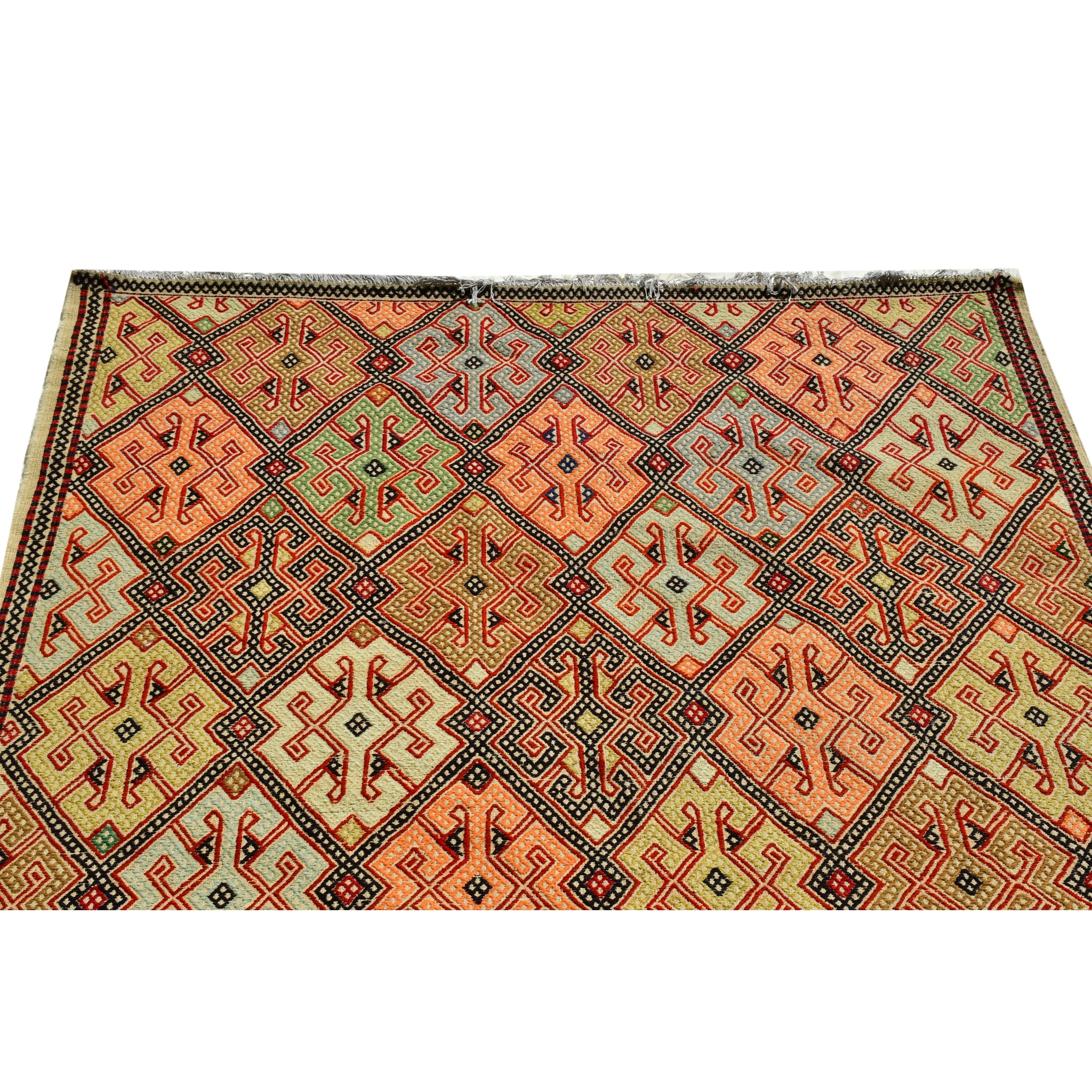Handmade Afghan Aqcha Wool Rug 6x10 ft upper section detail with intricate tribal pattern work