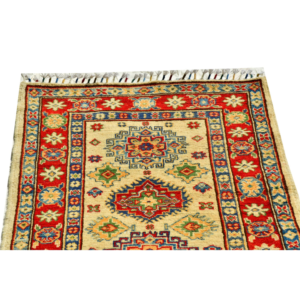Handmade Afghan Aqcha Wool Rug 2.5x10 ft fringe detail and clear view of meander border patterns