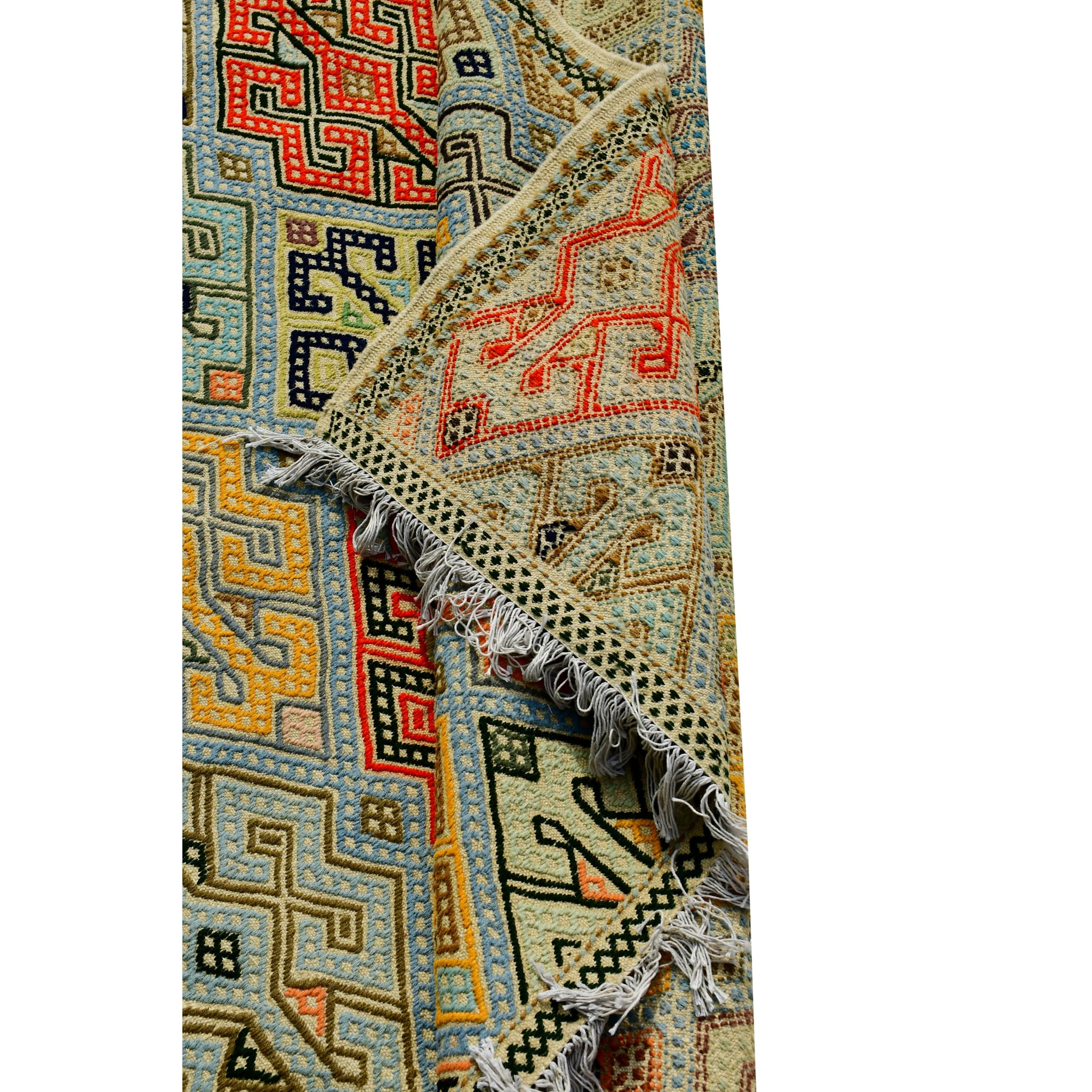 Handmade Afghan Aqcha Wool Rug 7x10 ft rolled view highlighting fringe and edge