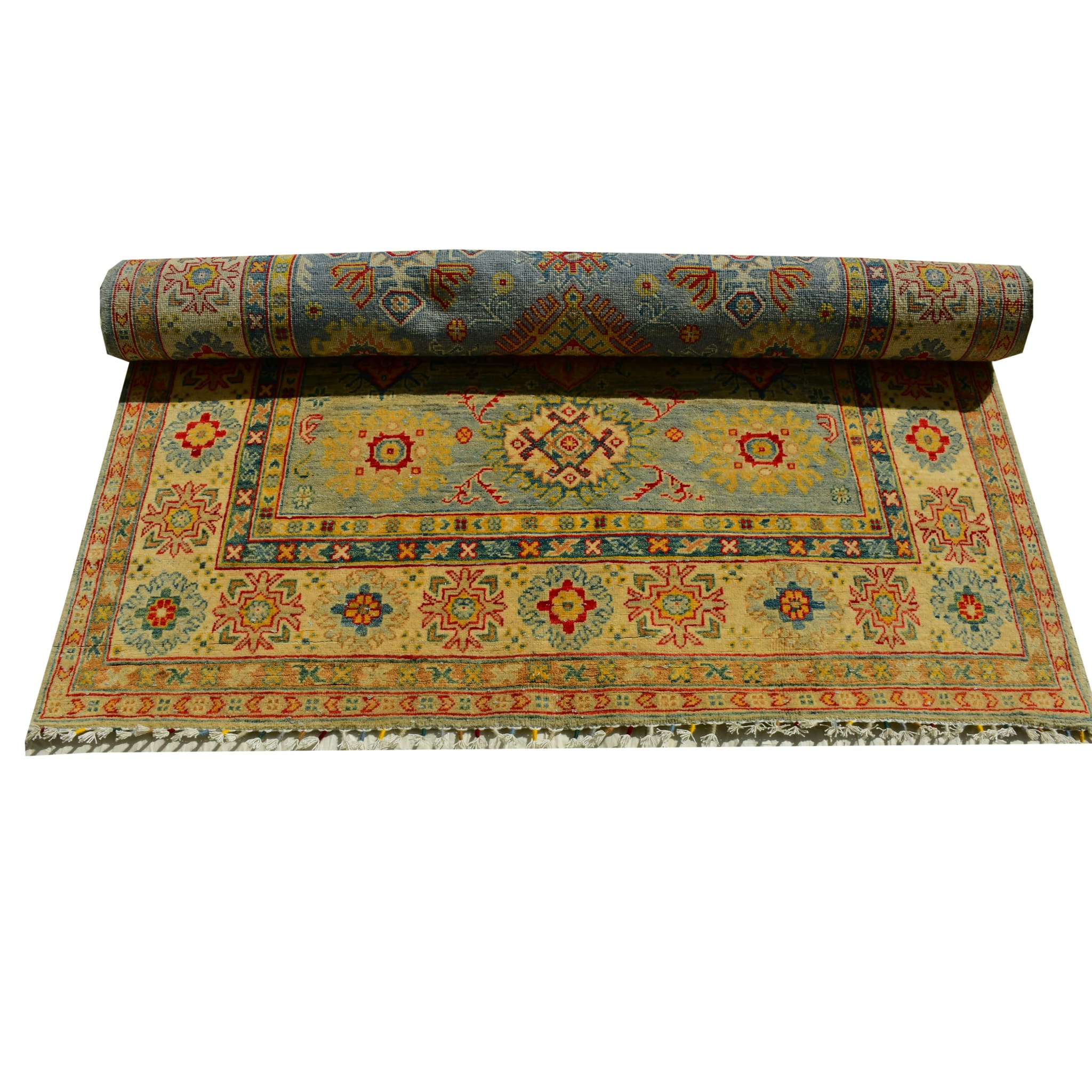 Handmade Afghan Aqcha Wool Rug 5x8 ft fully rolled view highlighting Kazakh pattern continuity