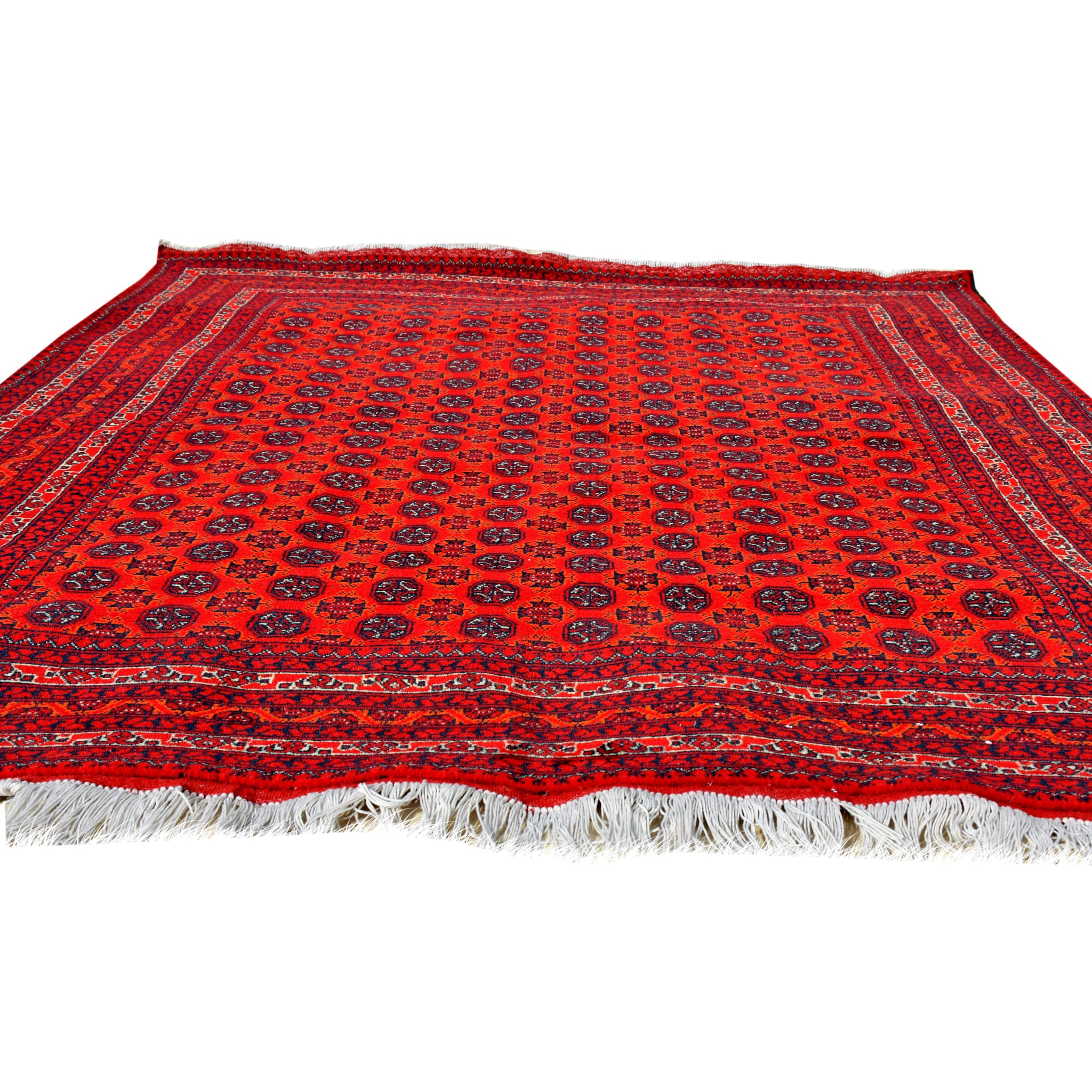 Handmade Afghan Aqcha Wool Rug 5x7 ft side angle showing madder red and charcoal black contrast