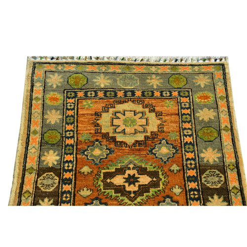 Handmade Afghan Aqcha Wool Rug 3x4 ft close-up detail of top section with star motifs and meander border
