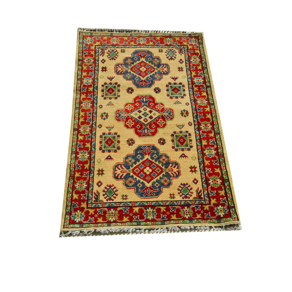Handmade Afghan Aqcha Wool Rug 3x5 ft front view with three stepped medallions and vibrant red floral border